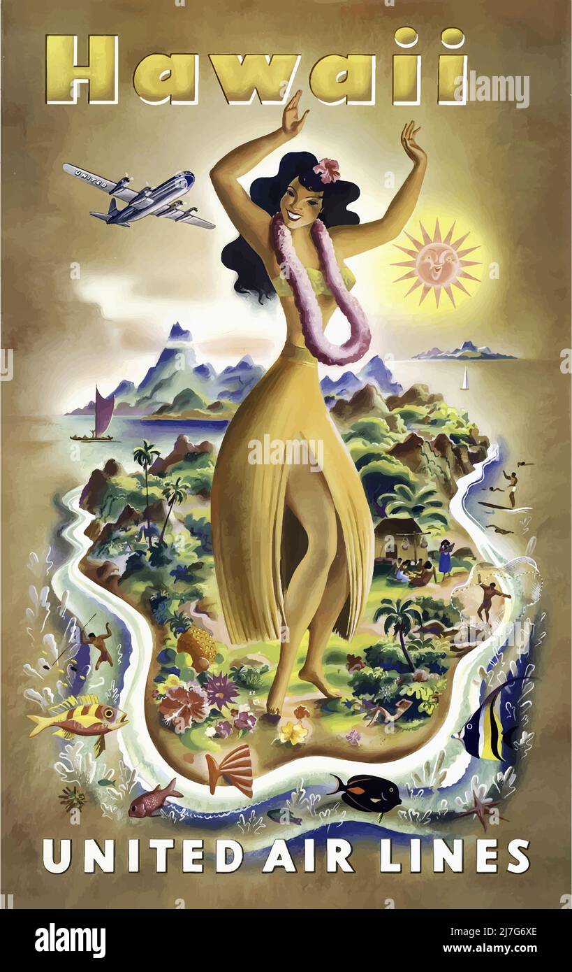 Vintage 1950s Travel Poster - Hawaii - United Air Lines Stockfoto