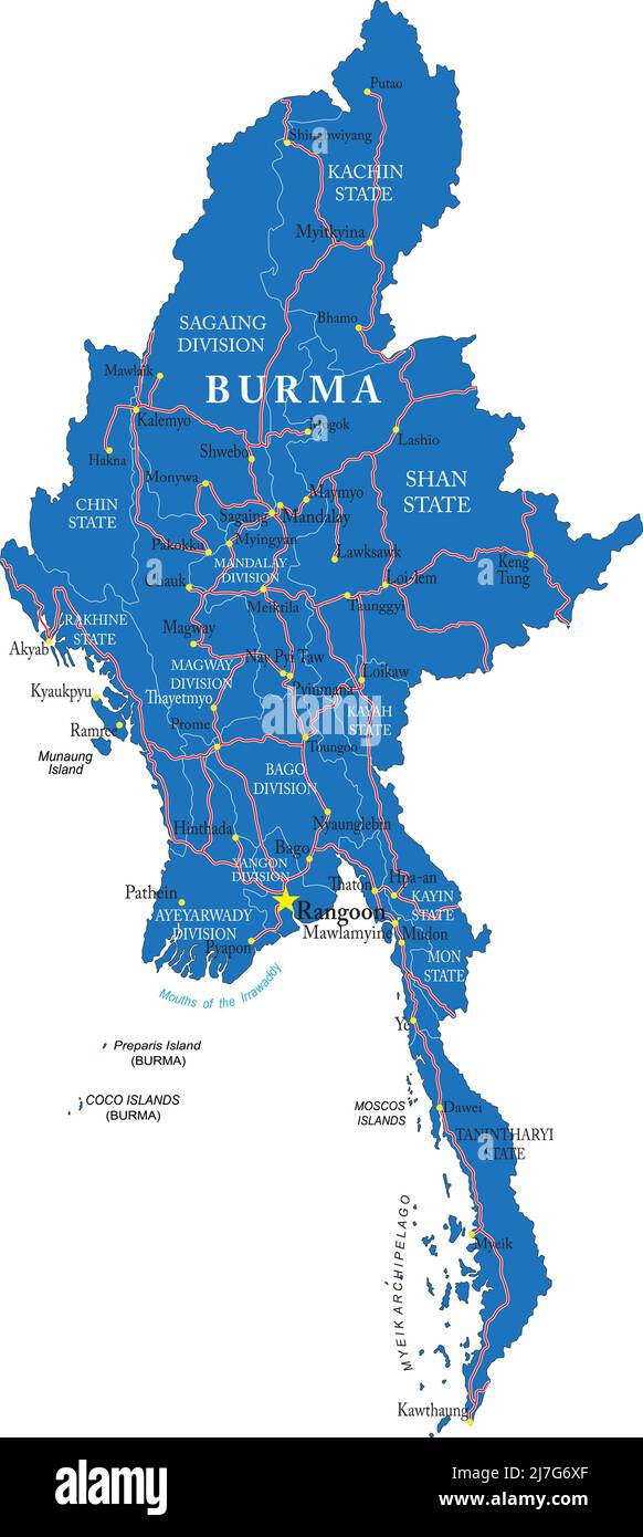 Hochdetaillierte Vektorkarte von Burma mit Verwaltungsregionen, Hauptstädten und Straßen. Stock Vektor