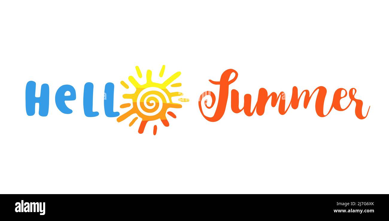 Hallo Sommer kreativer Schriftzug. 2022 travel Logo Konzept mit gelber Sonne. Dekorativer Text - Hello Summer, Vektorgrafik Stock Vektor