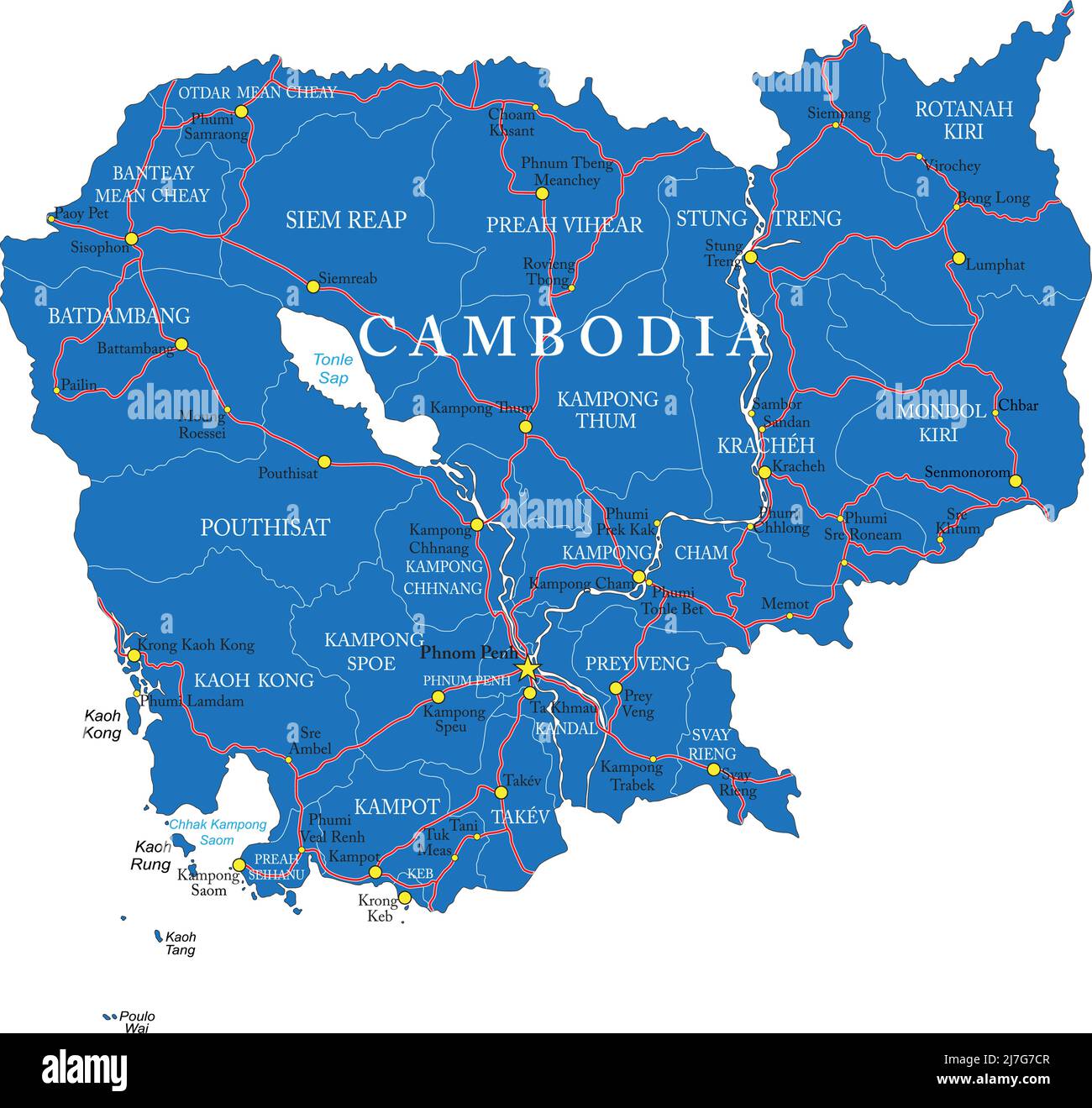 Hochdetaillierte Vektorkarte von Kambodscha mit Verwaltungsregionen, Hauptstädten und Straßen. Stock Vektor
