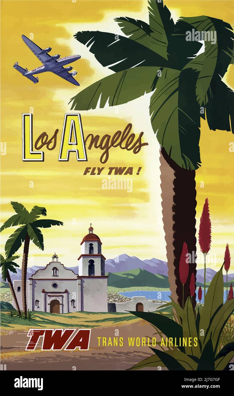 Reiseplakat aus den 50er Jahren - Los Angeles - Fly TWA - Trans World Airlines Stockfoto
