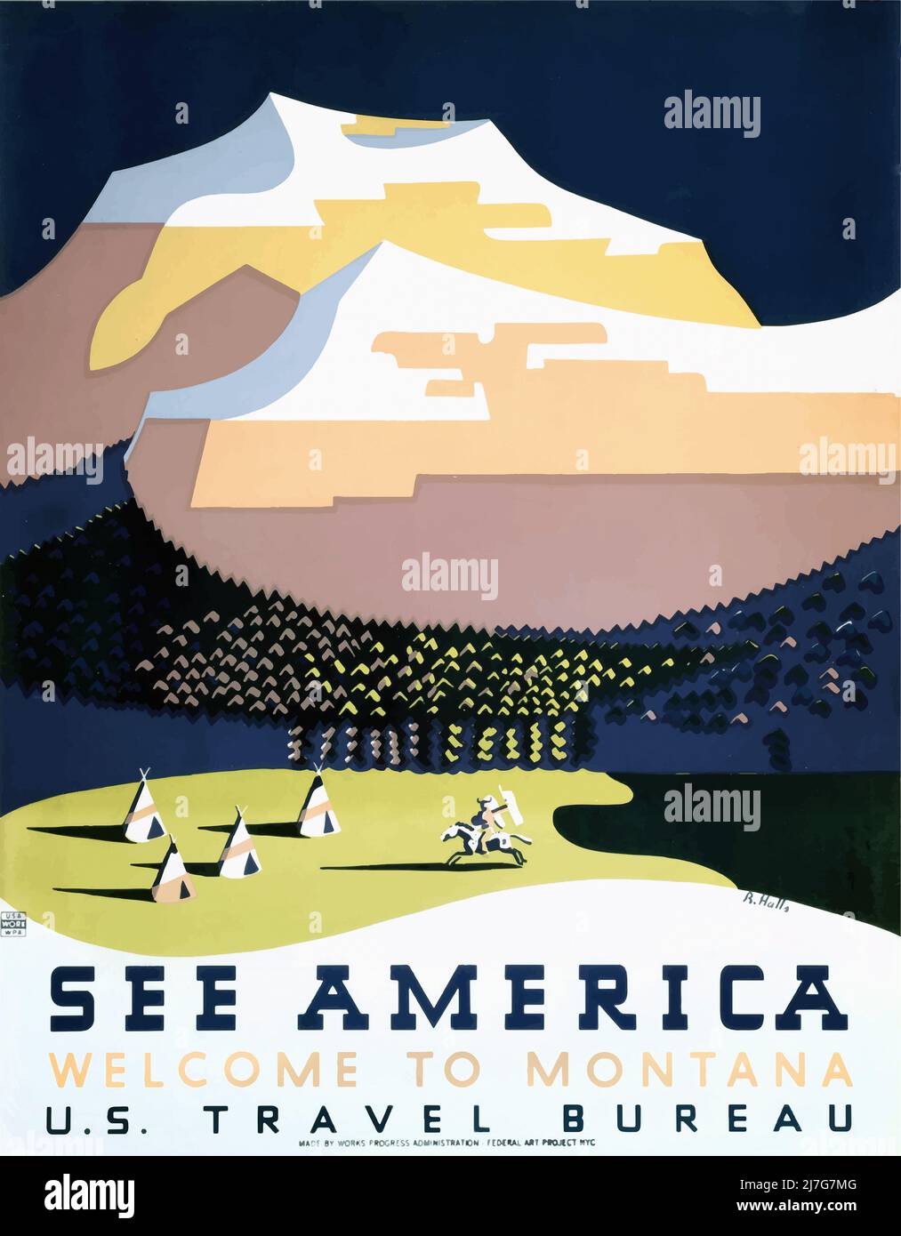 Vintage 1930s Travel Poster - SIEHE AMERICA POSTER, Welcome to MONTANA - United States Travel Bureau Poster zur Förderung des amerikanischen Tourismus Stockfoto
