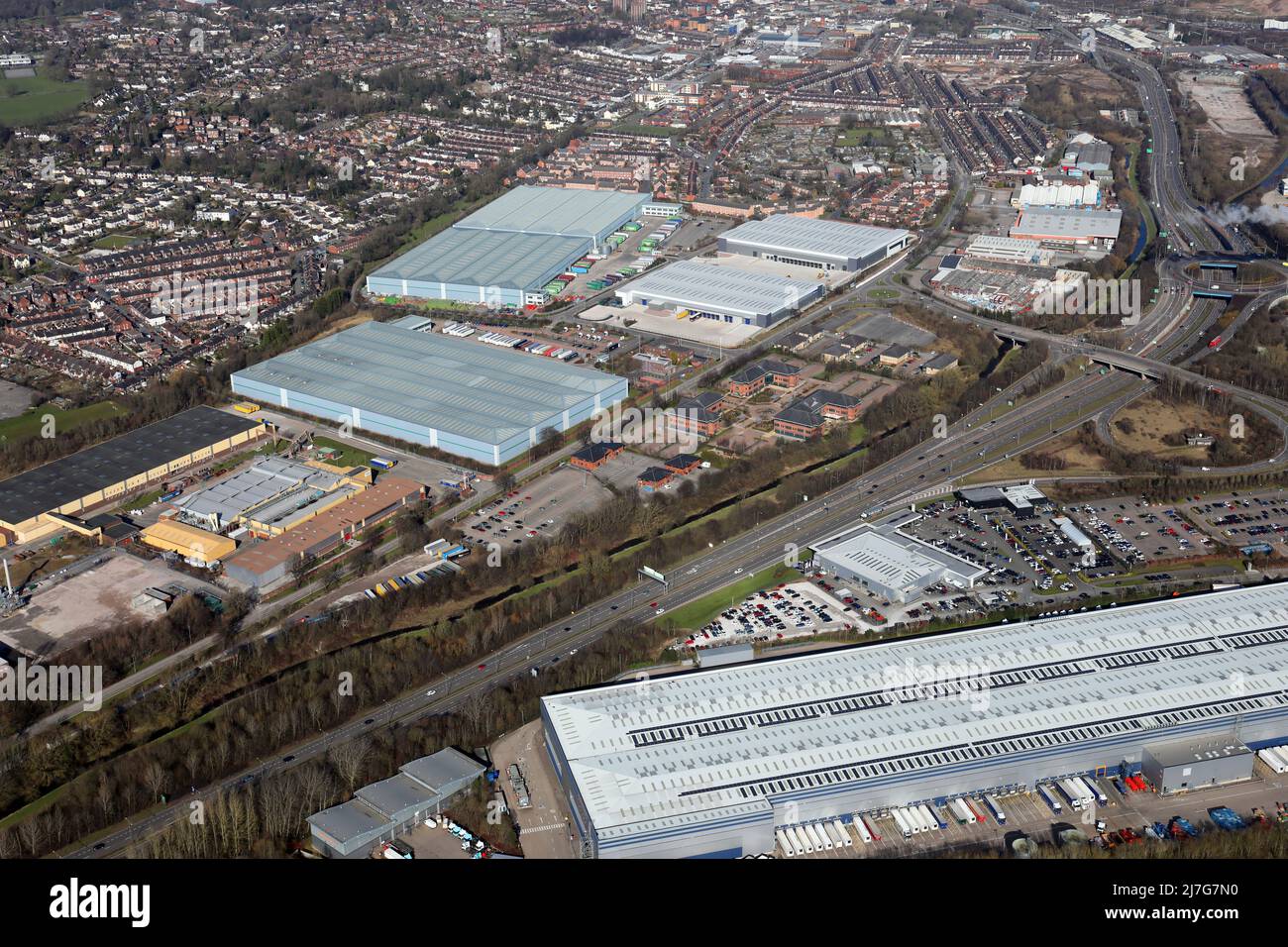 Luftaufnahme der Logistikunternehmen in der Campbell Road, in der Gegend von Oakhill in Stoke on Trent, Staffordshire Stockfoto