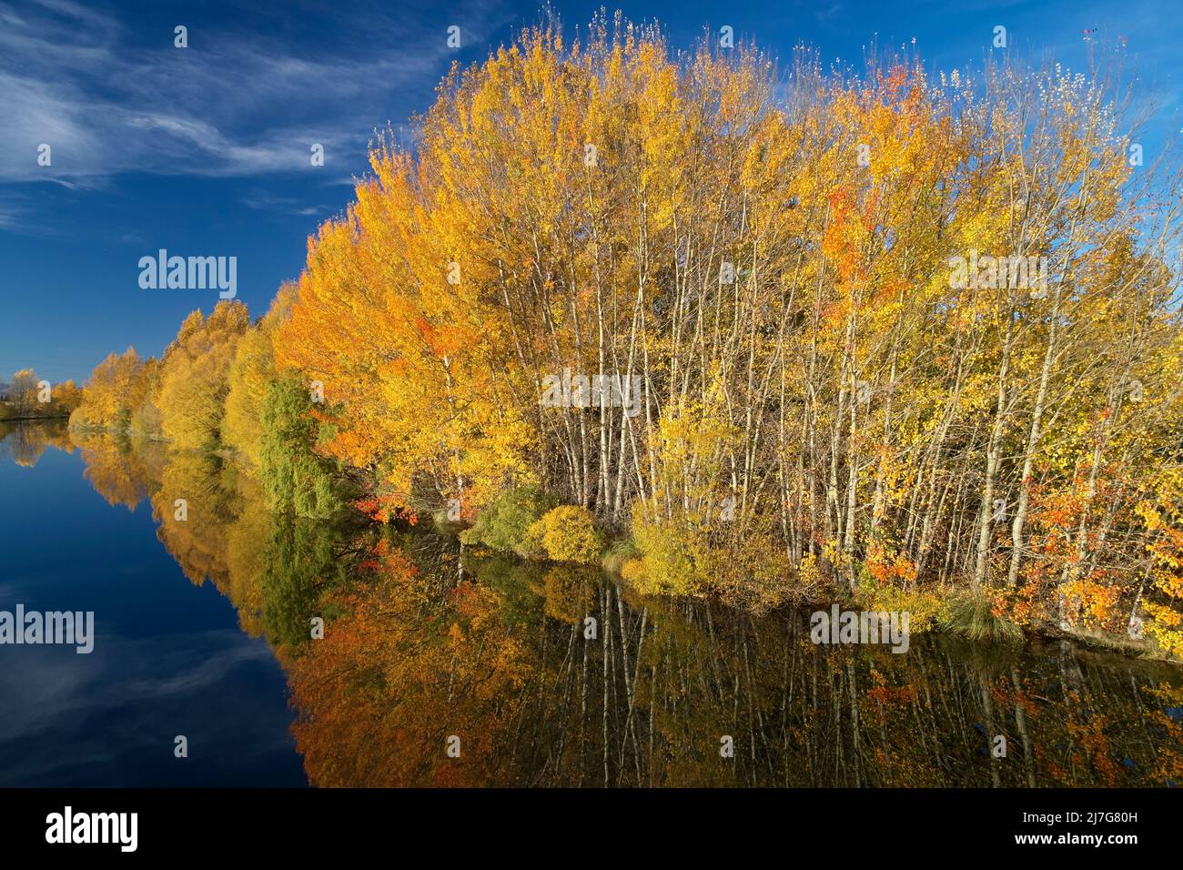 Herbstreflexionen in Kellands Pond, in der Nähe von Twizel, Mackenzie District, North Otago, South Island, Neuseeland - Drohnenantenne Stockfoto
