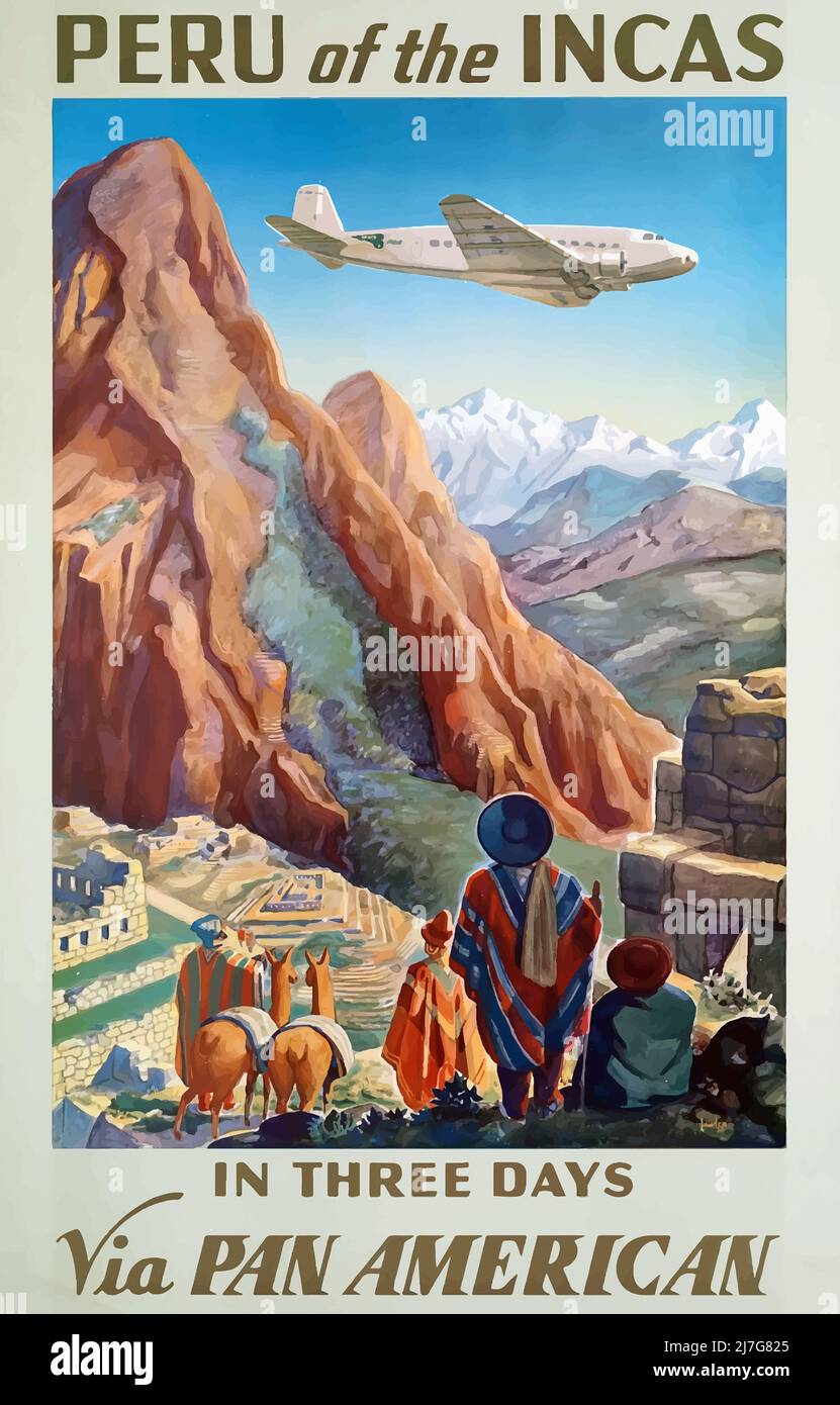 Jahrgang 1930s Travel Popster - Peru der INKAS -PAN AMERICAN WORLD AIRWAYS Stockfoto
