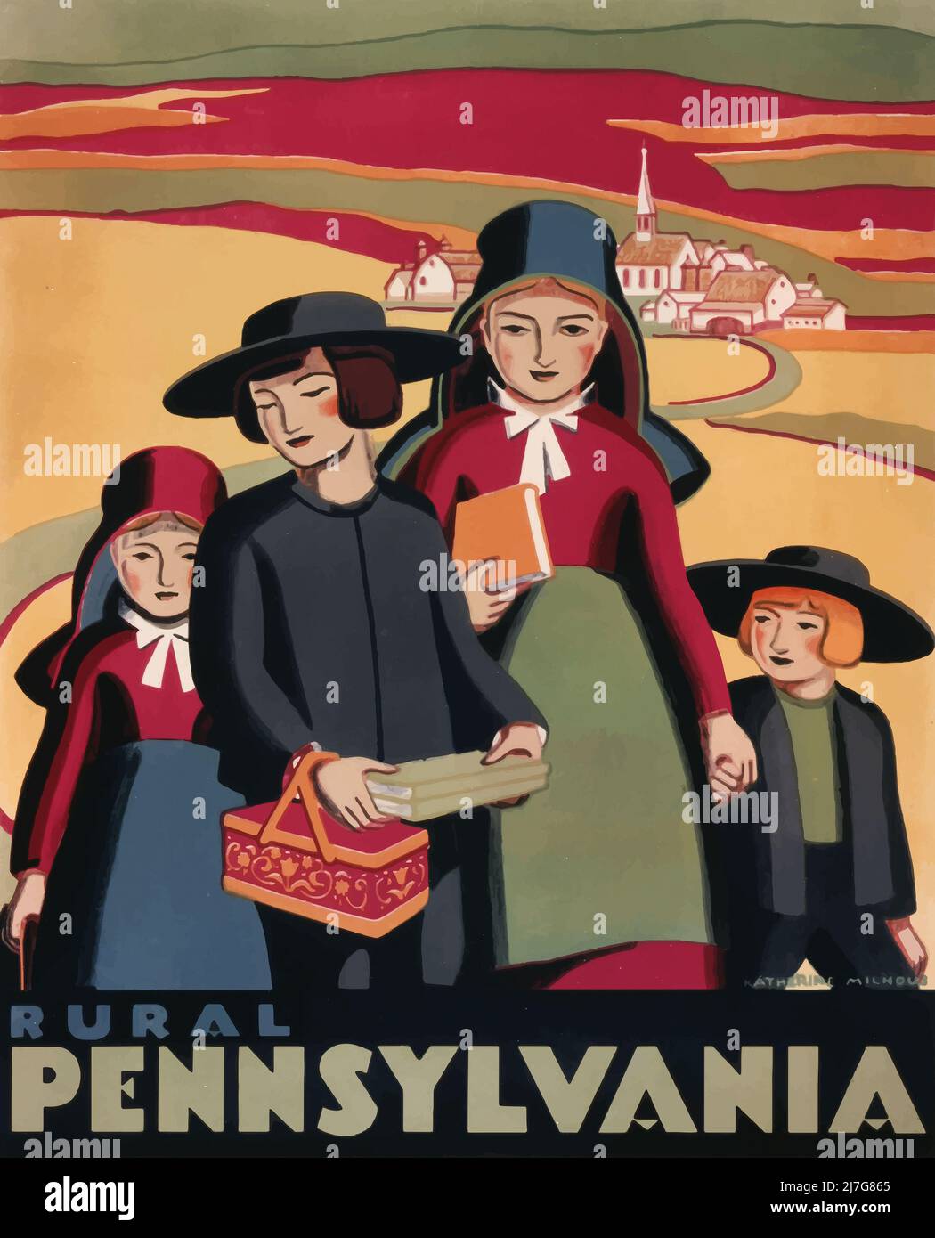 Vintage 1930s Poster - Rural Pennsylvania - Work Progress Administration - Federal Art Project - Vintage Poster 1938 - Amish Family Stockfoto