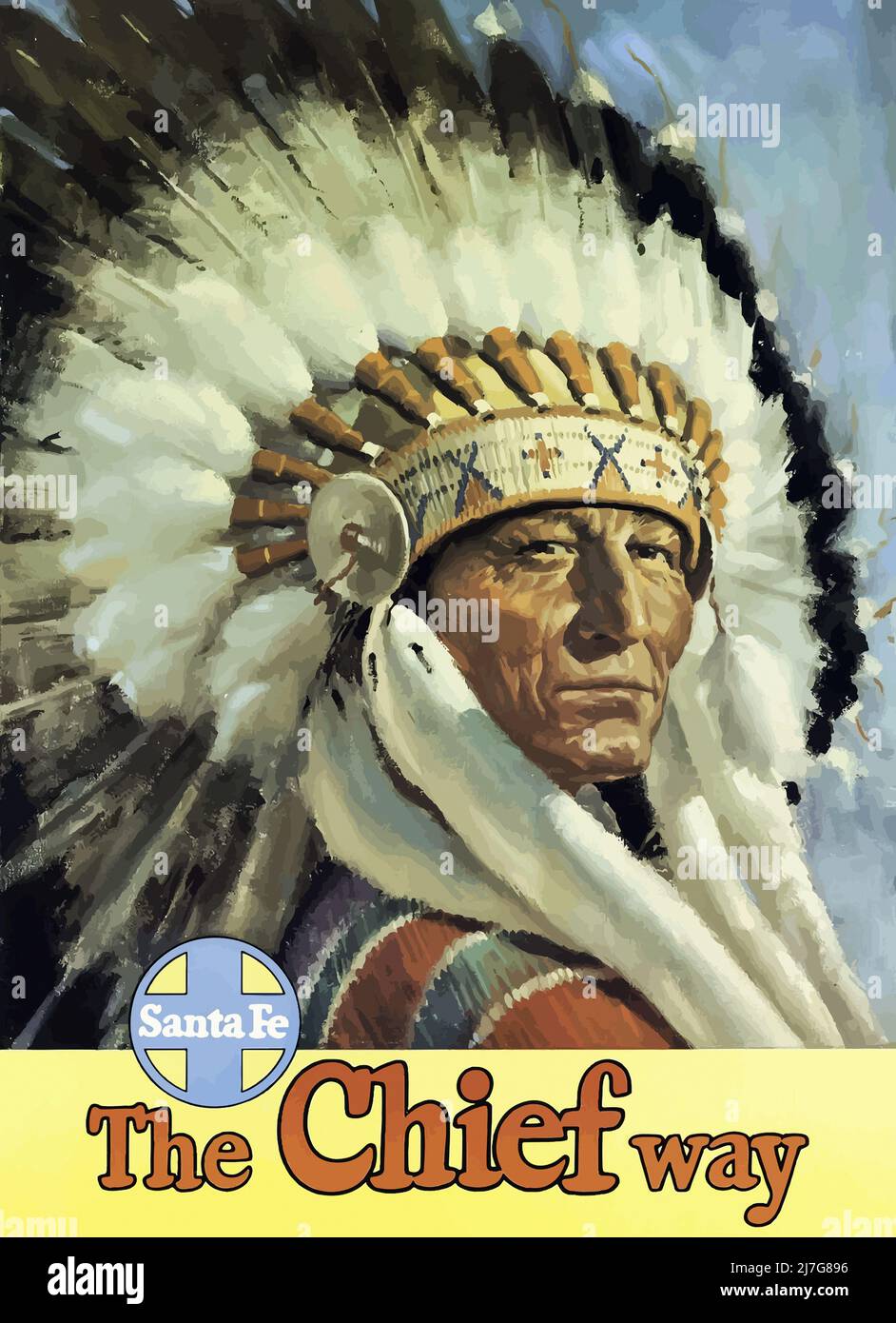 Vintage 1940s Railway Travel Poster - The Chief Way’ 1947 Sante Fe Railroad Travel Poster Indianer tragen Kopfschmuck. Stockfoto