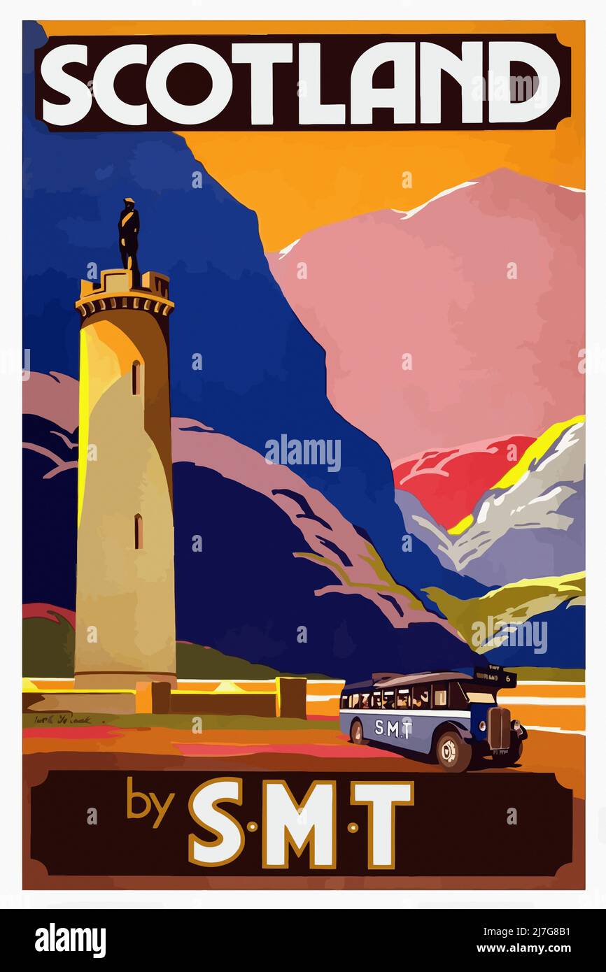 Vintage 1930s Travel Poster - Scotland by SMT - S. M. T. ( Scottish Motor Traction) Glenfinnan Monument Stockfoto