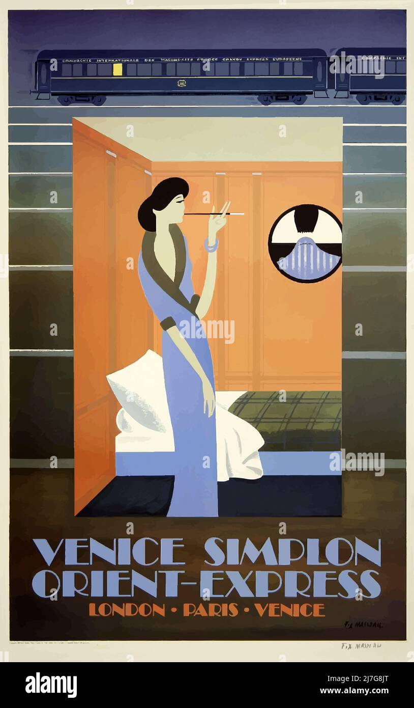 Vintage Art Déco-Reiseplakat - Venedig-Orient-Express Stockfoto