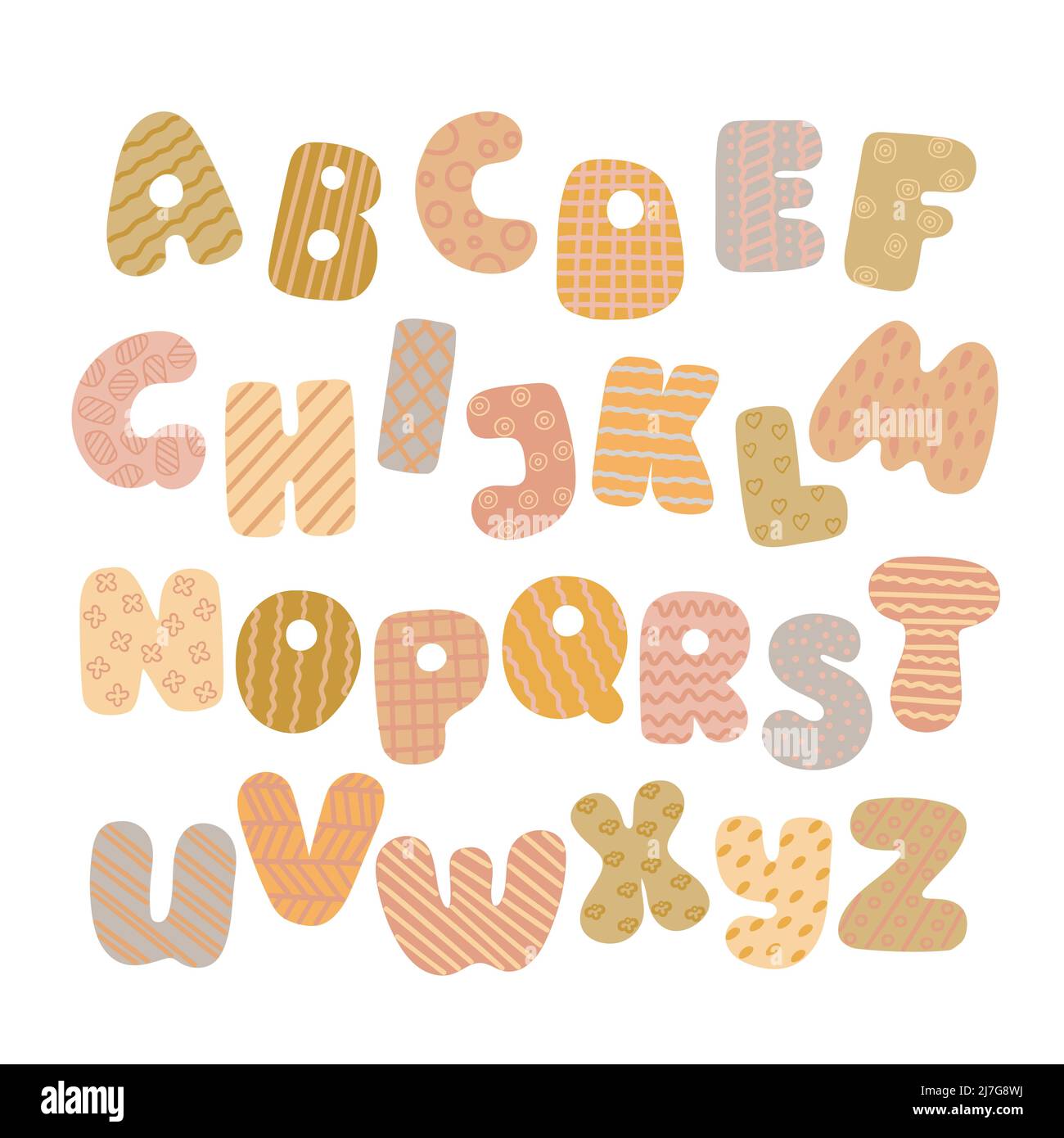 Buchstaben des englischen Alphabets von A bis Z, Doodle-Stil mit einfachen abstrakten Muster Vektor-Illustration, nette lustige dekorative Handschrift ab dekoriert Stock Vektor