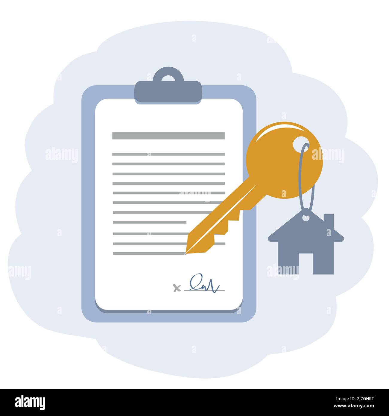 Unterzeichneter Vertrag für den Kauf von Immobilien auf einer Klemmbrettplatte mit Schlüssel Stock Vektor