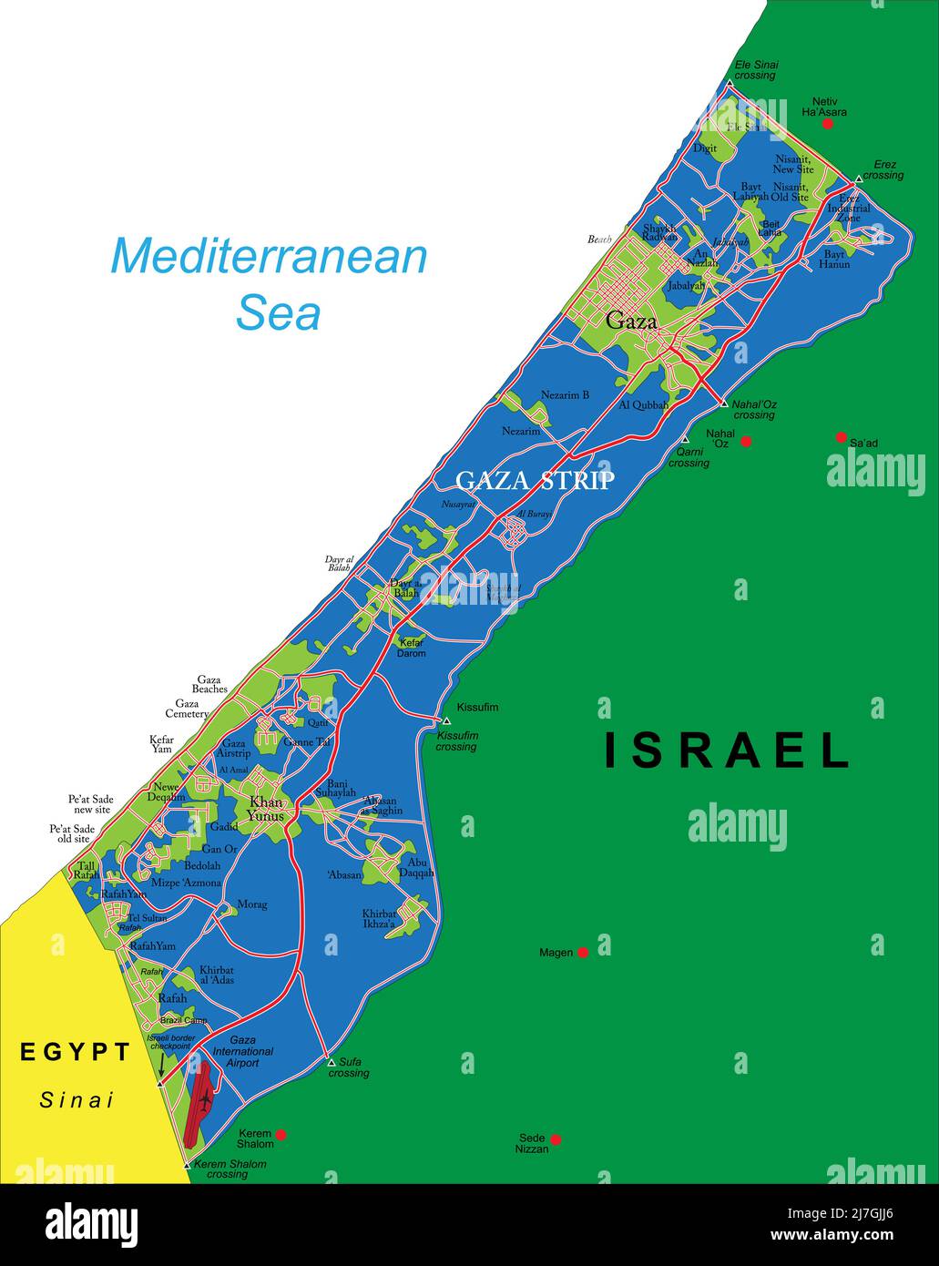 Sehr detaillierte Vektorkarte des Gazastreifens mit Verwaltungsregionen, Hauptstädten und Straßen. Stock Vektor