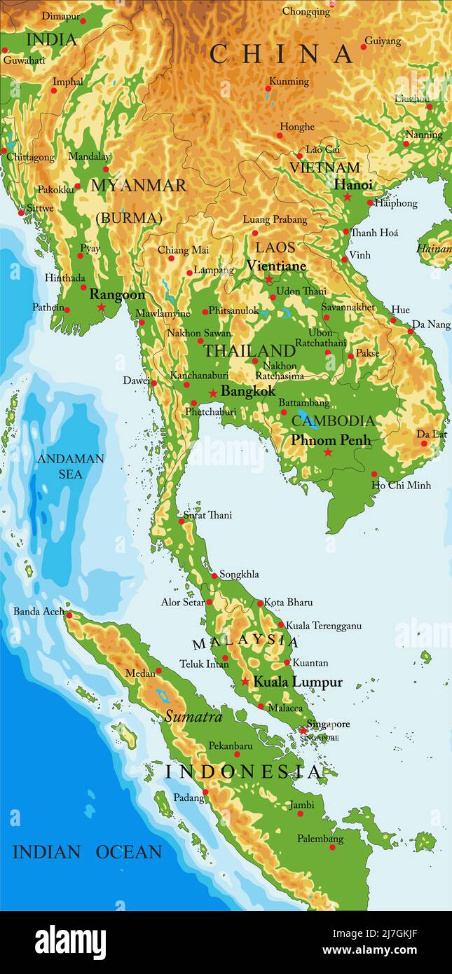 Hochdetaillierte physische Karte von Indochina, im Vektorformat, mit allen Reliefformen, Ländern und großen Städten. Stock Vektor