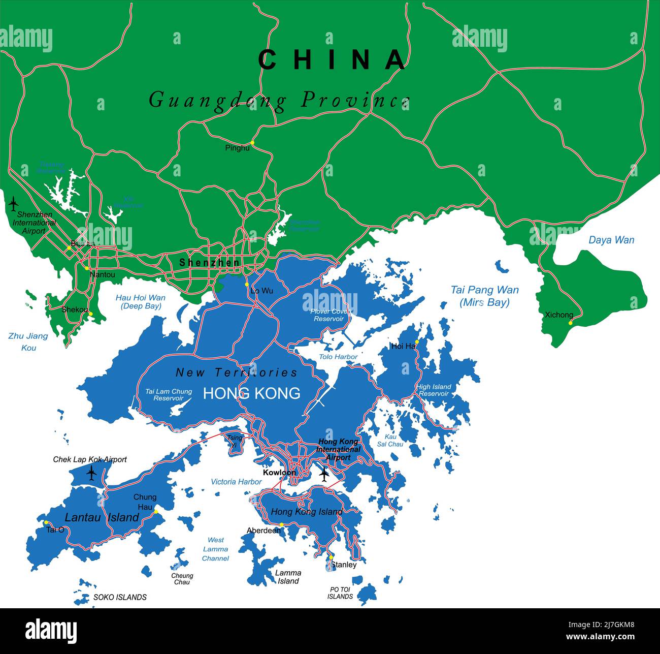 Hochdetaillierte Vektorkarte von Hongkong mit Verwaltungsregionen, Hauptstädten und Straßen. Stock Vektor