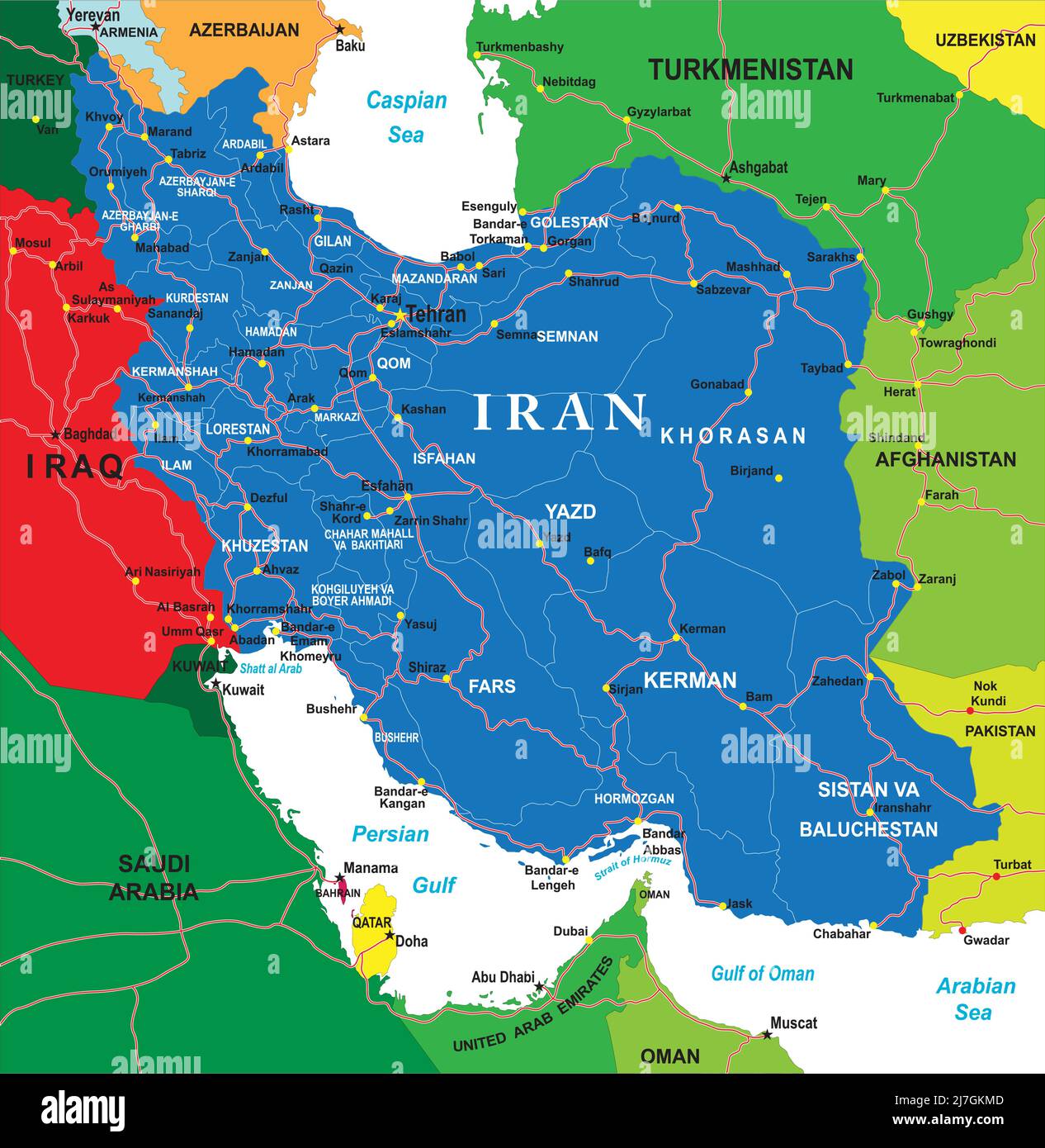 Hochdetaillierte Vektorkarte des Iran mit Verwaltungsregionen, Hauptstädten und Straßen. Stock Vektor