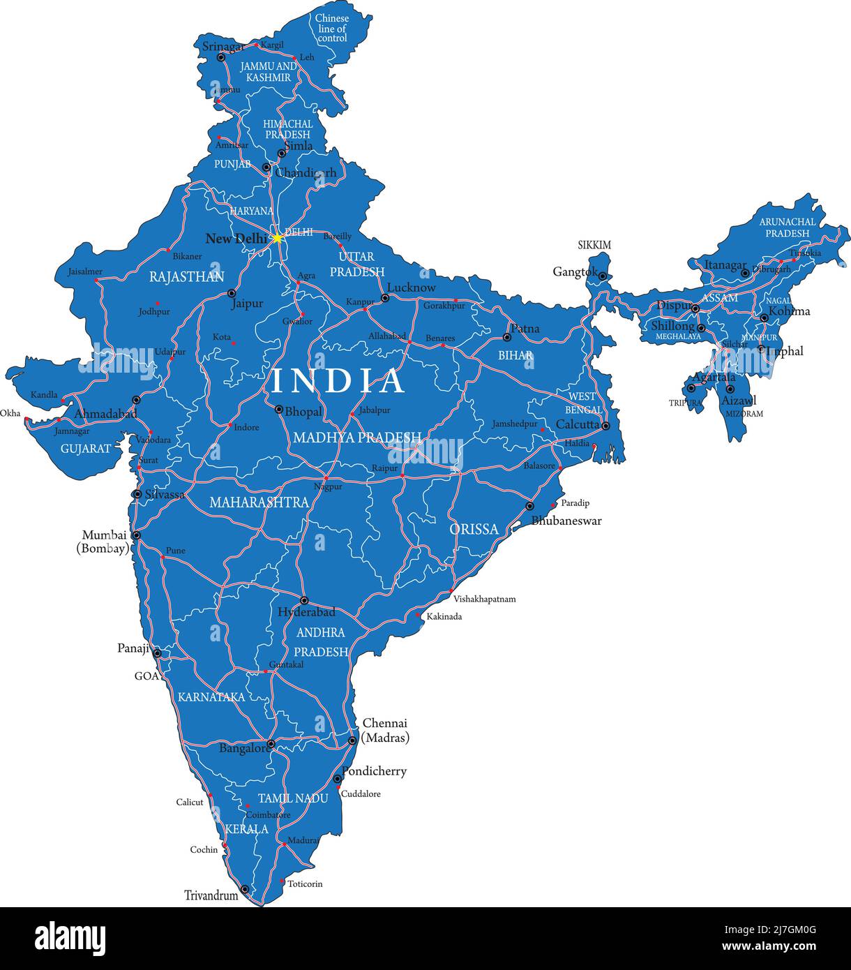 Indien sehr detaillierte Vektorkarte mit Verwaltungsregionen, Hauptstädten und Straßen. Stock Vektor