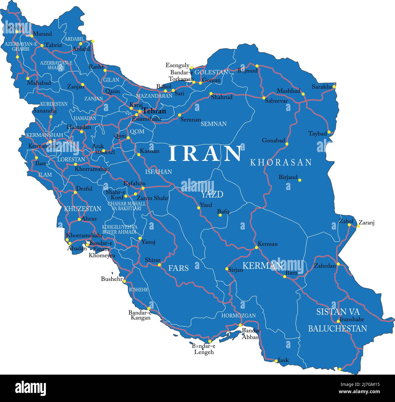 Iran sehr detaillierte Vektorkarte mit Verwaltungsregionen, Hauptstädten und Straßen. Stock Vektor