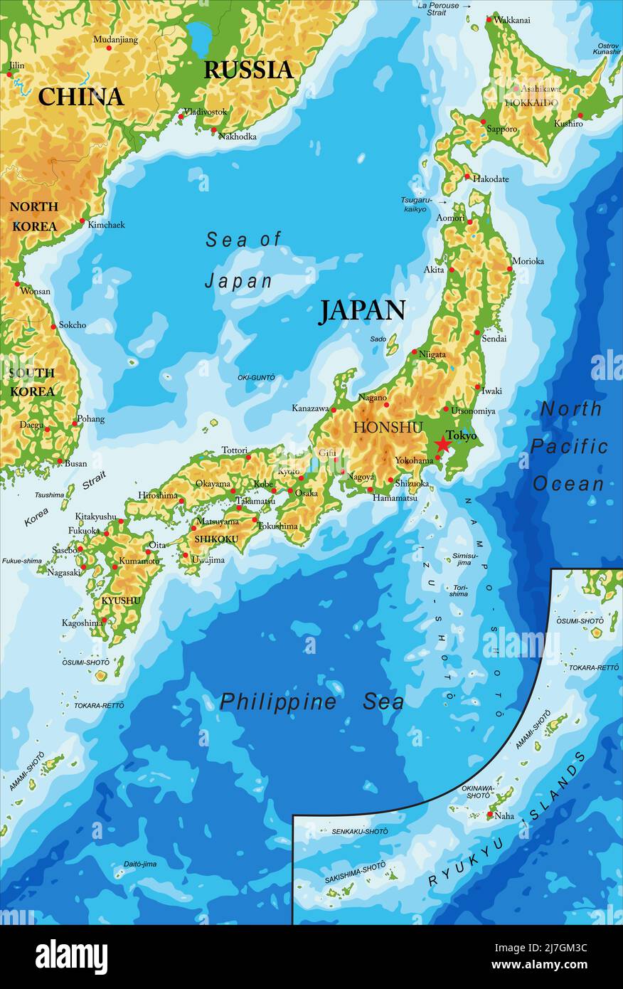 Sehr detaillierte physische Karte von Japan, im Vektorformat, mit allen Reliefformen, Regionen und großen Städten. Stock Vektor