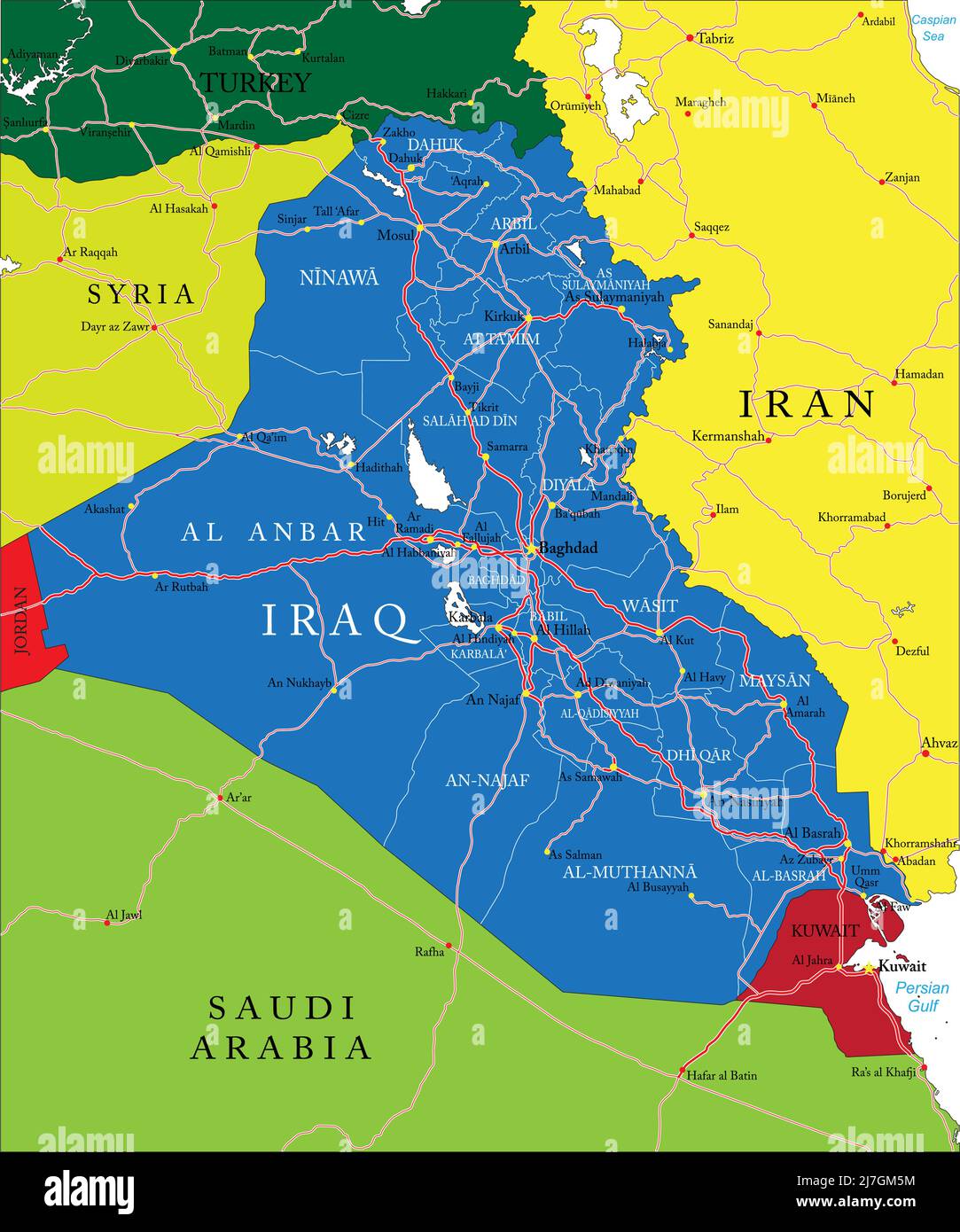 Irak sehr detaillierte Vektorkarte mit Verwaltungsregionen, Hauptstädten und Straßen. Stock Vektor