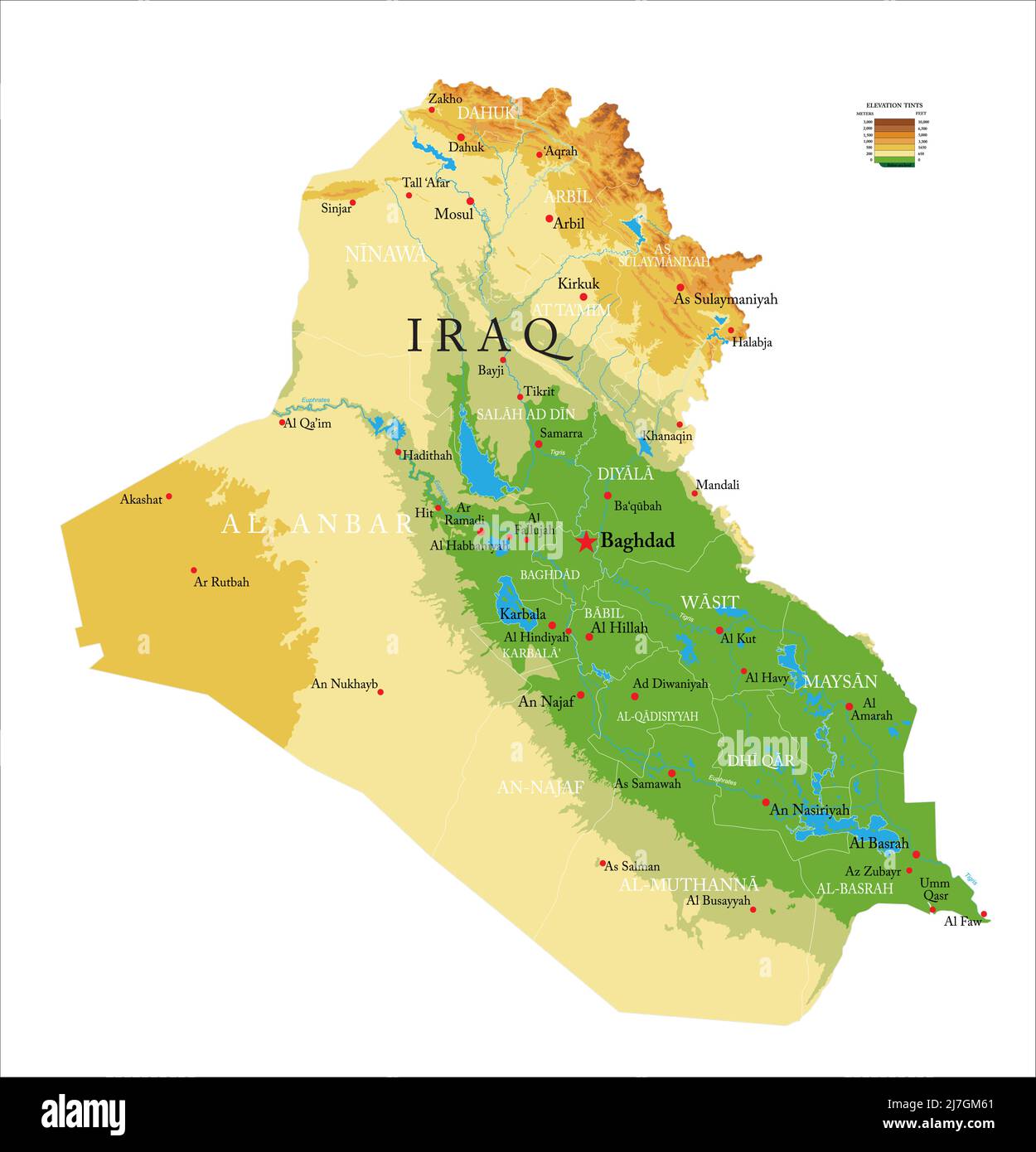 Sehr detaillierte physische Karte des Irak, im Vektorformat, mit allen Reliefformen, Regionen und großen Städten. Stock Vektor