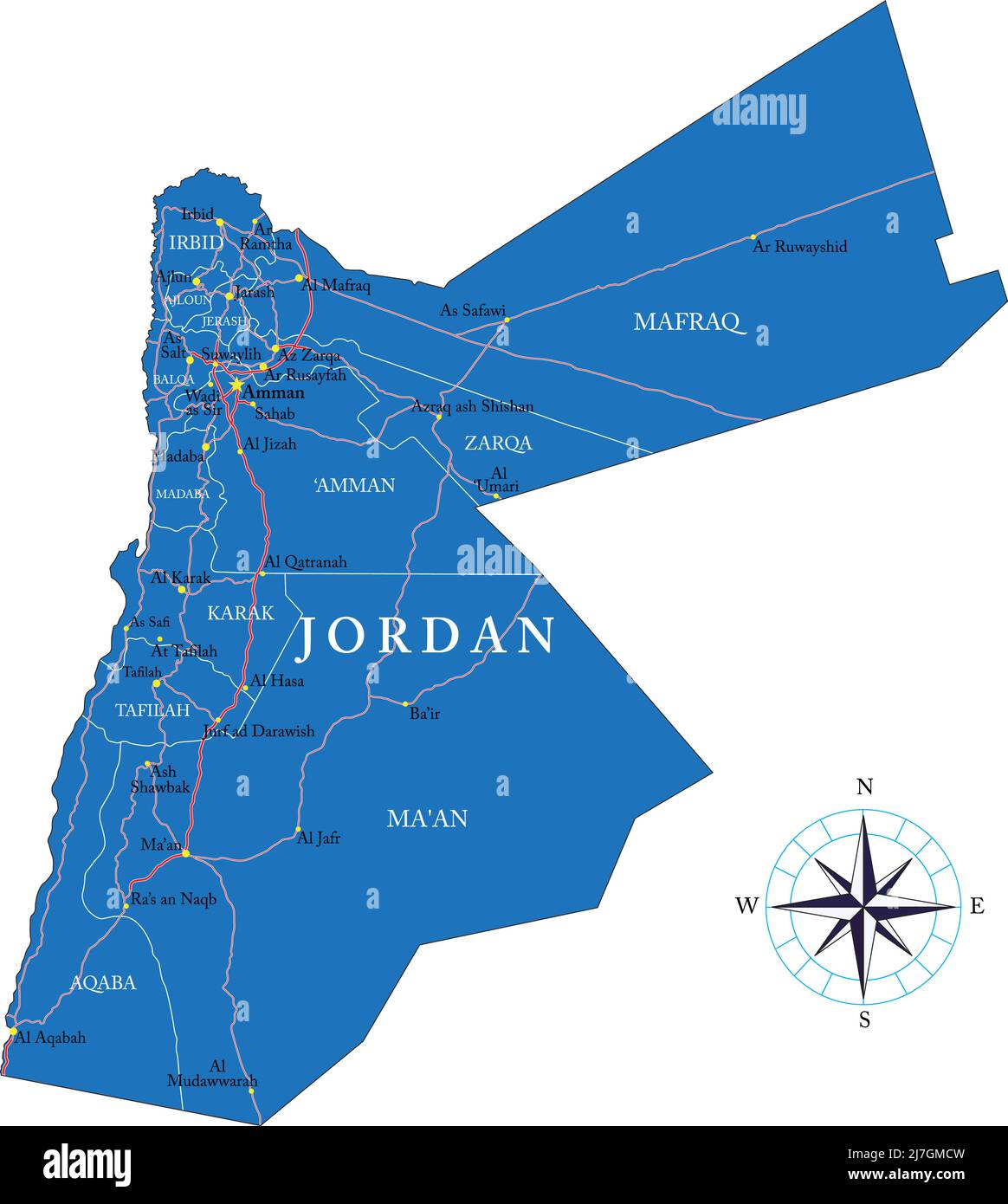 Hochdetaillierte Vektorkarte von Jordanien mit Verwaltungsregionen, Hauptstädten und Straßen Stock Vektor