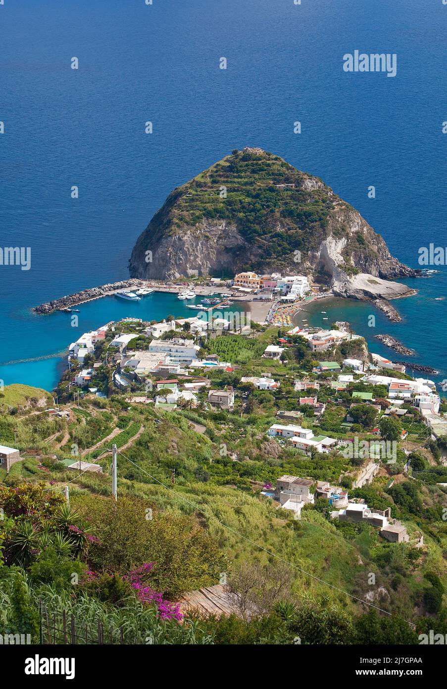 Blick auf das malerische Promontorio di Sant'Angelo, Ischia Island, Italien, Tyrrhenisches Meer, Mittelmeer Stockfoto