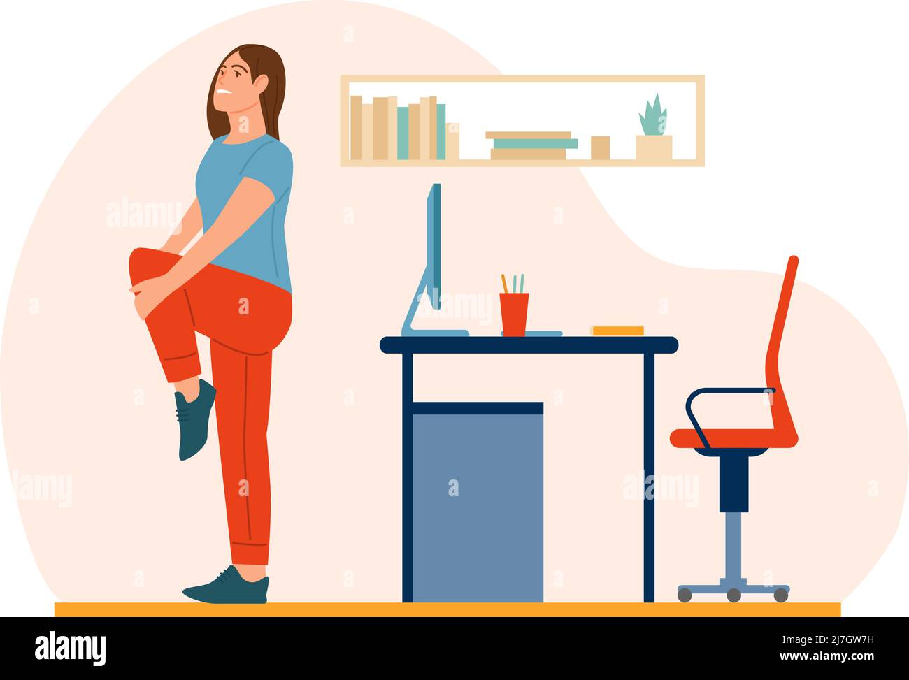 Workplace Workout-Mitarbeiter. Frau, die im Büro Sportübungen macht. Arbeitspause. Gesunder Lebensstil. Szene für körperliches Training am Arbeitsplatz. Vector Worker Stock Vektor