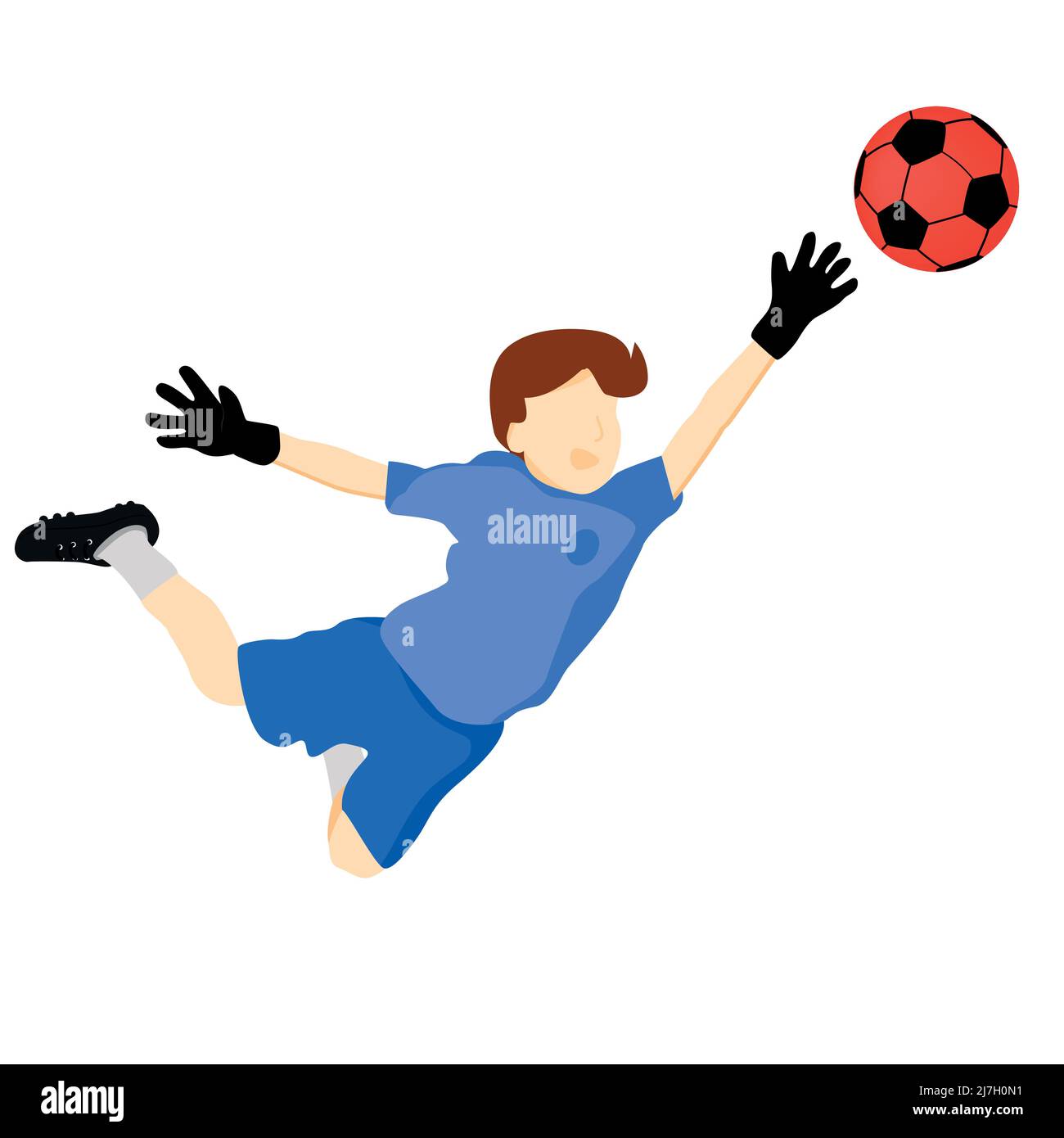 Flache Zeichnung eines Kindes, das Torhüter spielt und sich ausdehnt, um den Ball zu stoppen Stock Vektor
