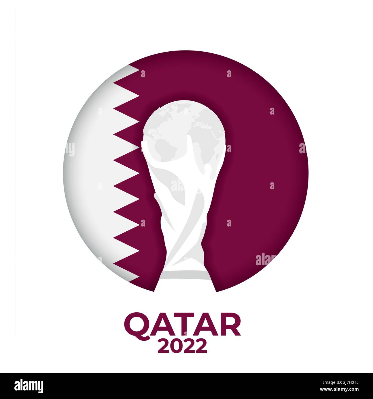 Qatar 2022 WM-Logo mit weißem Hintergrund und dem Champions-Cup auf der Flagge des Landes Stock Vektor