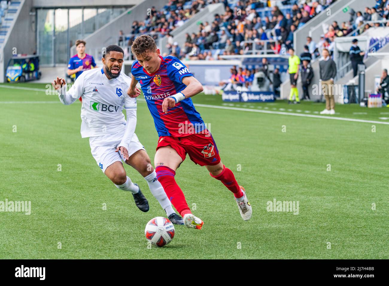 Lausanne, Schweiz. 05. August 2022. Sebastiano Esposito vom FC Basel (9) ist am 33.. Tag der Credit Suisse Super League 2021-2022 mit dem FC Lausanne-Sport und dem FC Basel im Einsatz (Foto: Eric Dubost/Pacific Press/Sipa USA) Credit: SIPA USA/Alamy Live News Stockfoto