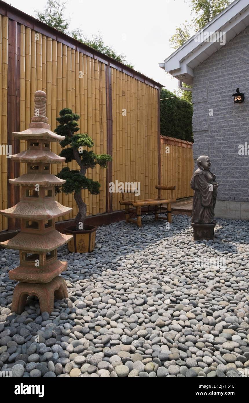 Japanischer Steingarten mit Pagode, Bonsai-Baum und Buddha-Skulptur hinter  modernem Zuhause im Sommer Stockfotografie - Alamy