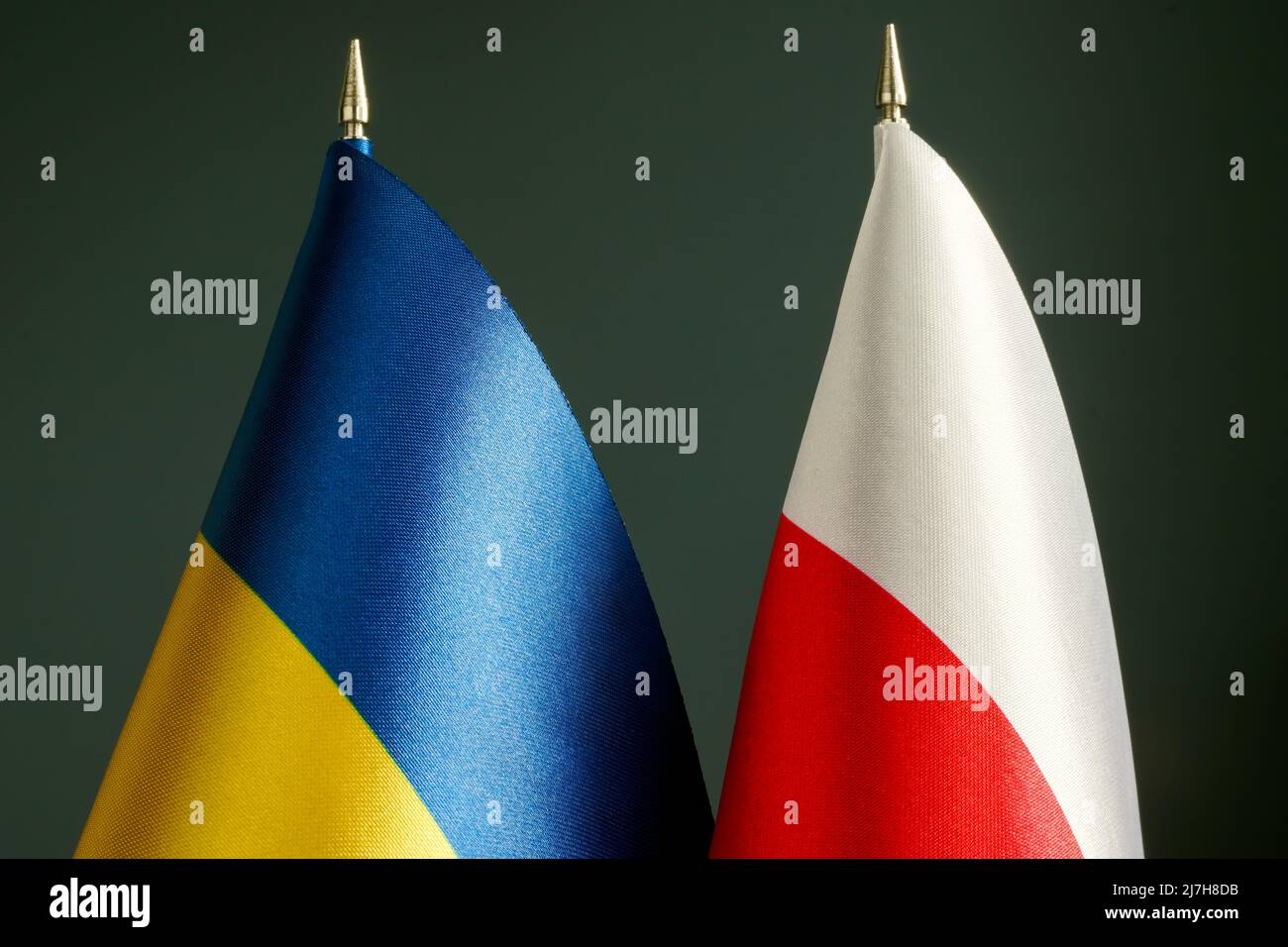 Flaggen der Ukraine und Polens als Symbol der Partnerschaft. Stockfoto