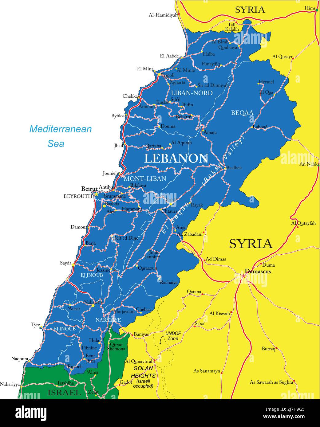 Hochdetaillierte Vektorkarte des Libanon mit Verwaltungsregionen, Hauptstädten und Straßen. Stock Vektor