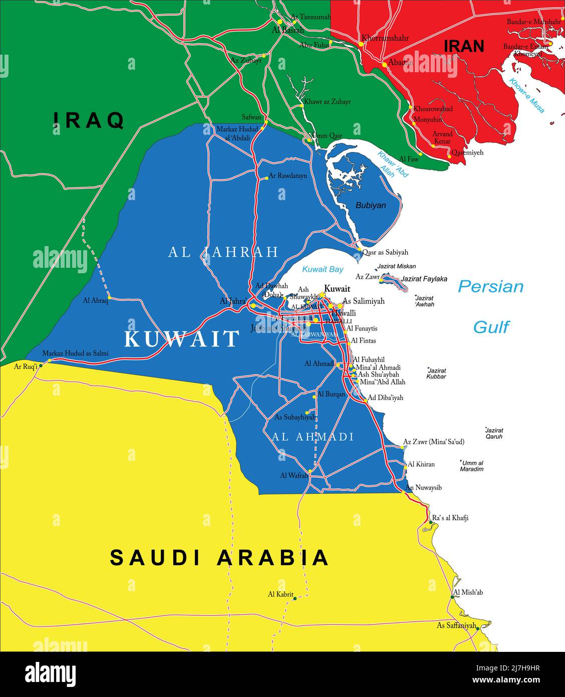 Hochdetaillierte Vektorkarte von Kuwait mit Verwaltungsregionen, Hauptstädten und Straßen. Stock Vektor