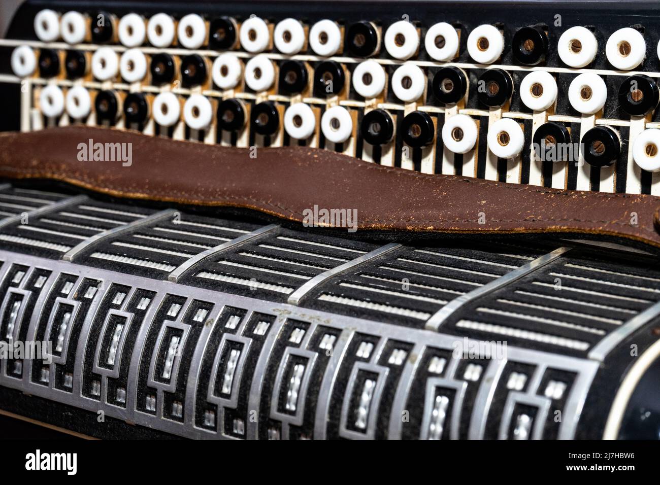 Akkordeontasten aus der Nähe. Musikinstrument. Stockfoto