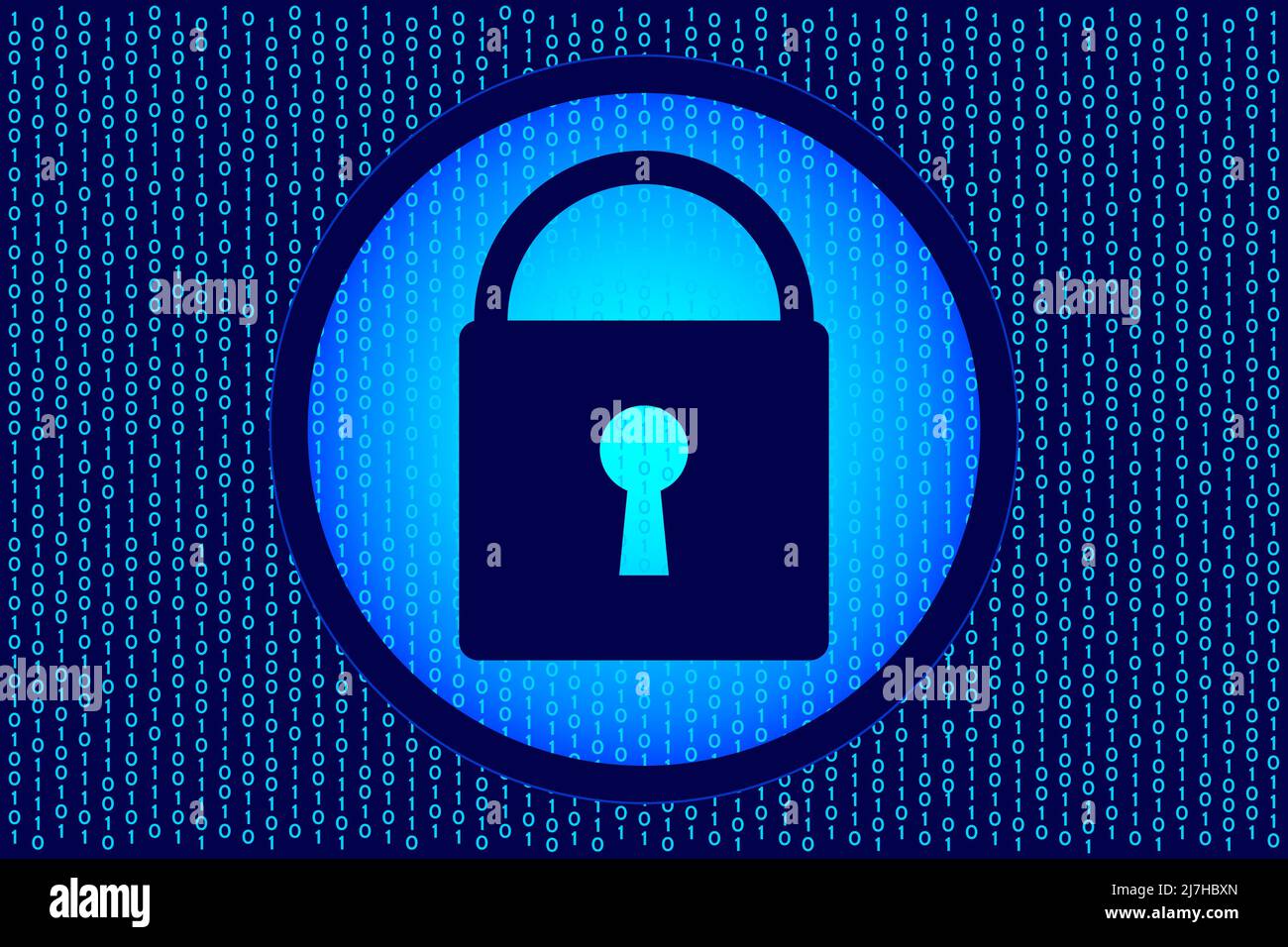 Konzept für Cybersicherheit und Informationsschutz. Symbol für gesperrtes Vorhängeschloss im Hintergrund des Binärcodes. Vektorgrafik Stock Vektor