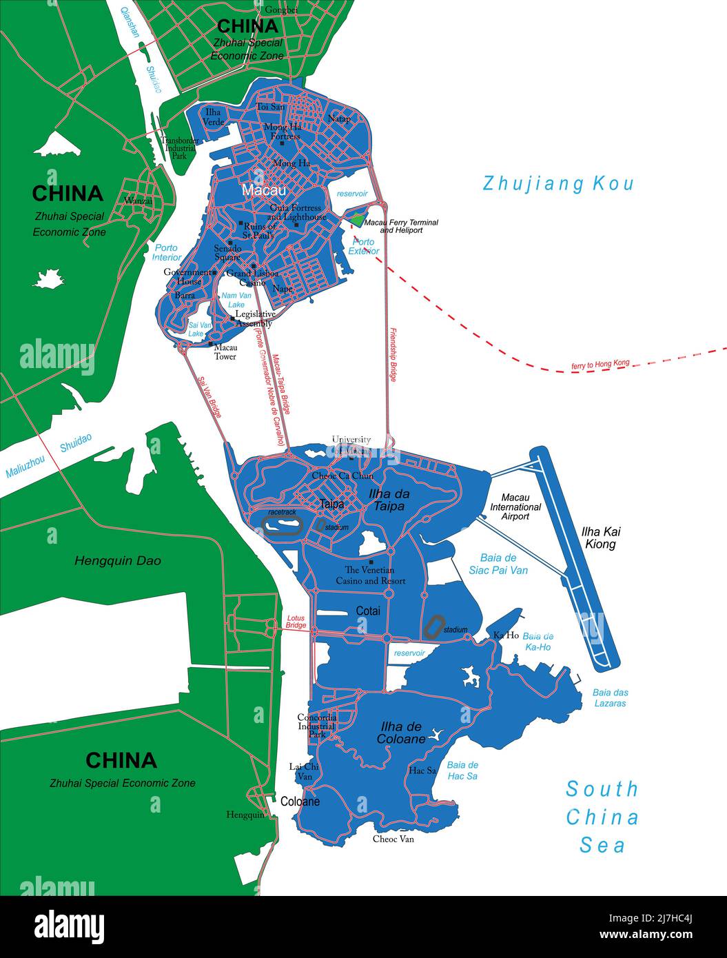 Macau sehr detaillierte Vektorkarte mit Verwaltungsregionen, Hauptstädten und Straßen. Stock Vektor