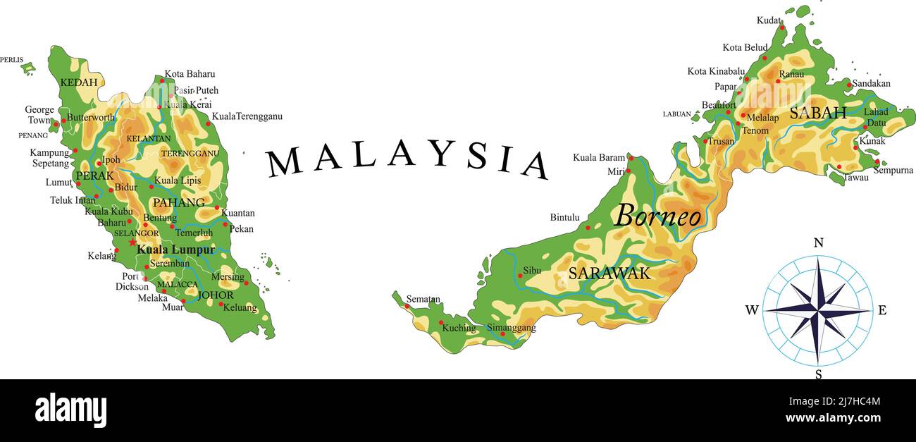 Hochdetaillierte physische Karte von Malaysia, im Vektorformat, mit allen Reliefformen, Regionen und großen Städten. Stock Vektor