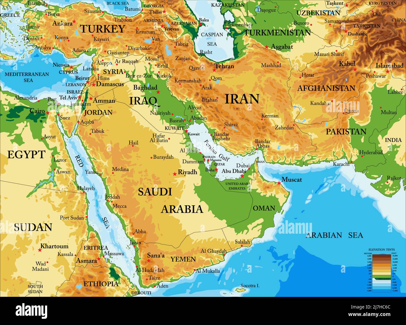 Hochdetaillierte physische Karte des Nahen Ostens, im Vektorformat, mit allen Reliefformen. Stock Vektor