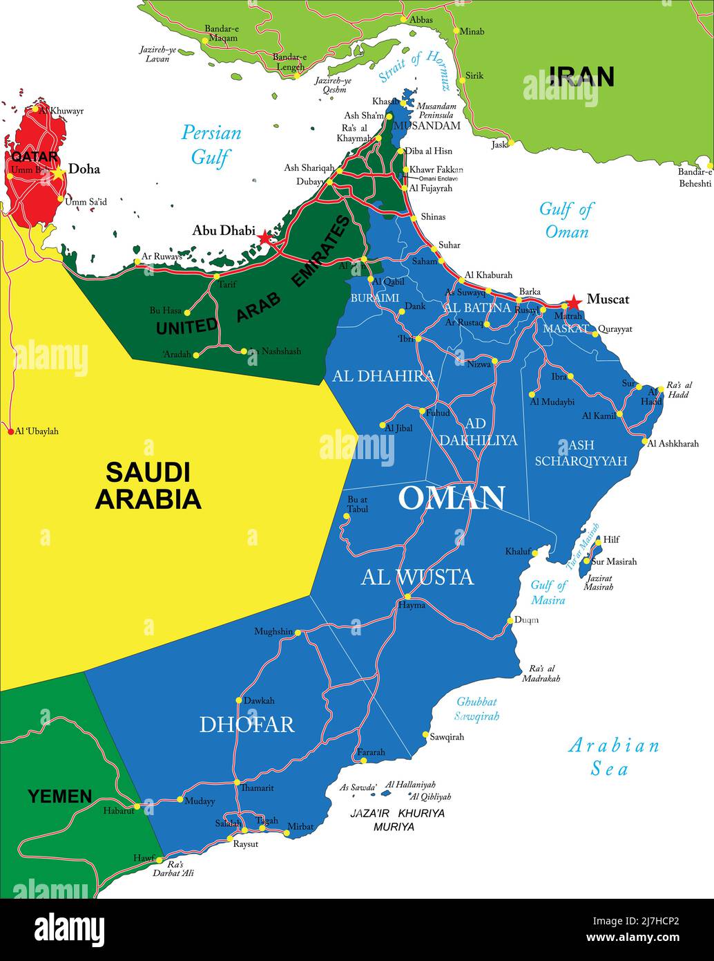 Hochdetaillierte Vektorkarte von Oman mit Verwaltungsregionen, Hauptstädten und Straßen. Stock Vektor