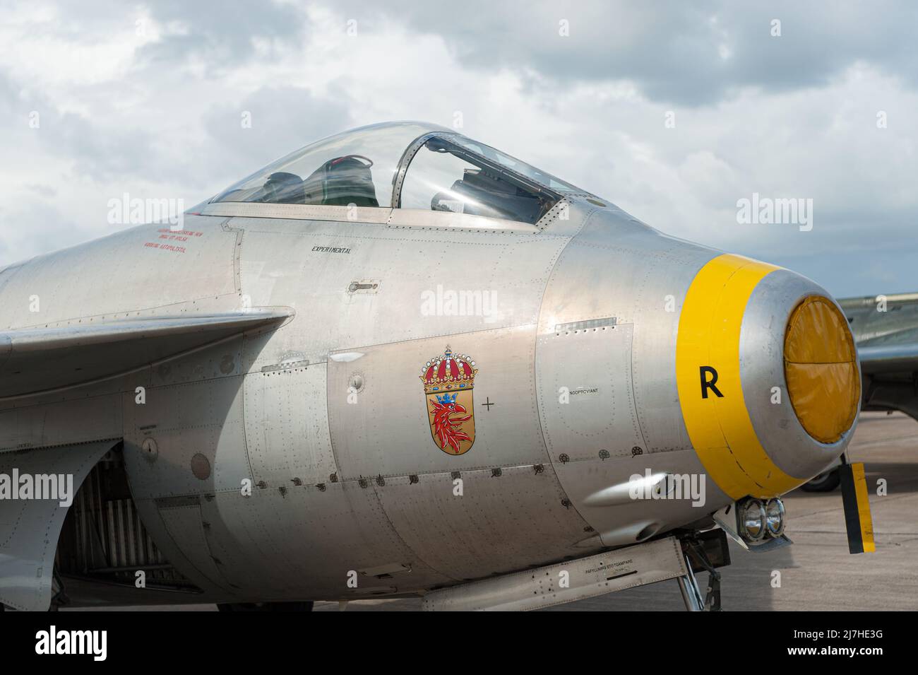 Nahaufnahme des Tunnan-Düsenjägers SAAB 29. Stockfoto