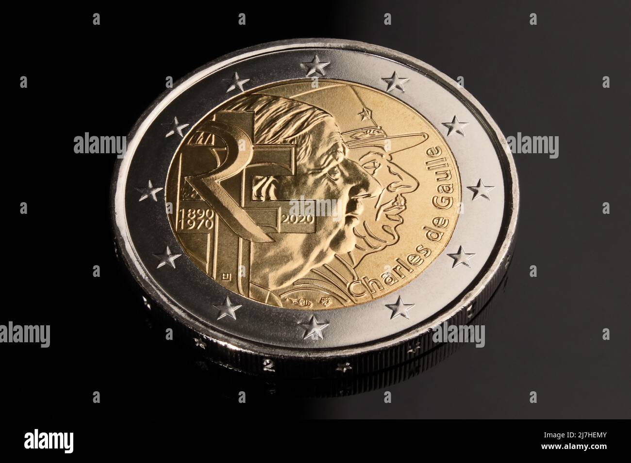 Jahr 2020, Frankreich, 2-Euro-Bimetallmünze, Charles de Gaulle, Leitartikel Stockfoto