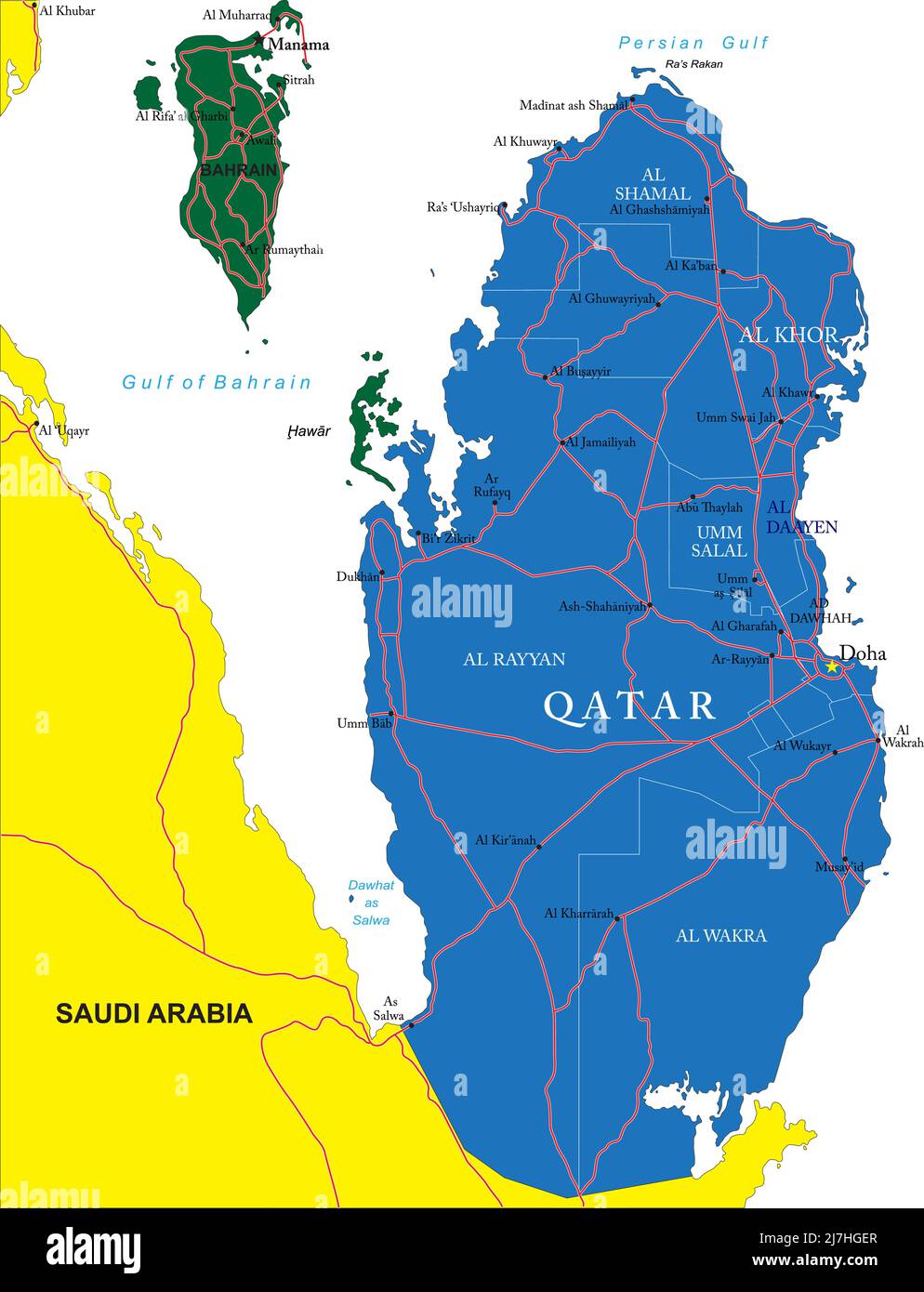 Katar sehr detaillierte Vektorkarte mit Verwaltungsregionen, Hauptstädten und Straßen. Stock Vektor