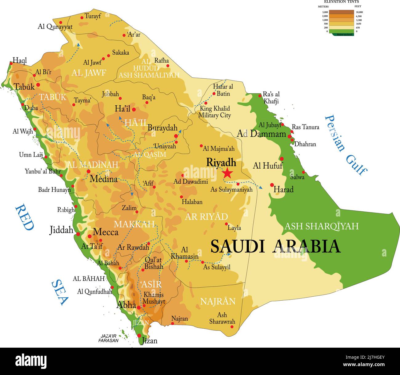 Sehr detaillierte physische Karte von Saudi-Arabien, im Vektorformat, mit allen Reliefformen, Regionen und großen Städten. Stock Vektor