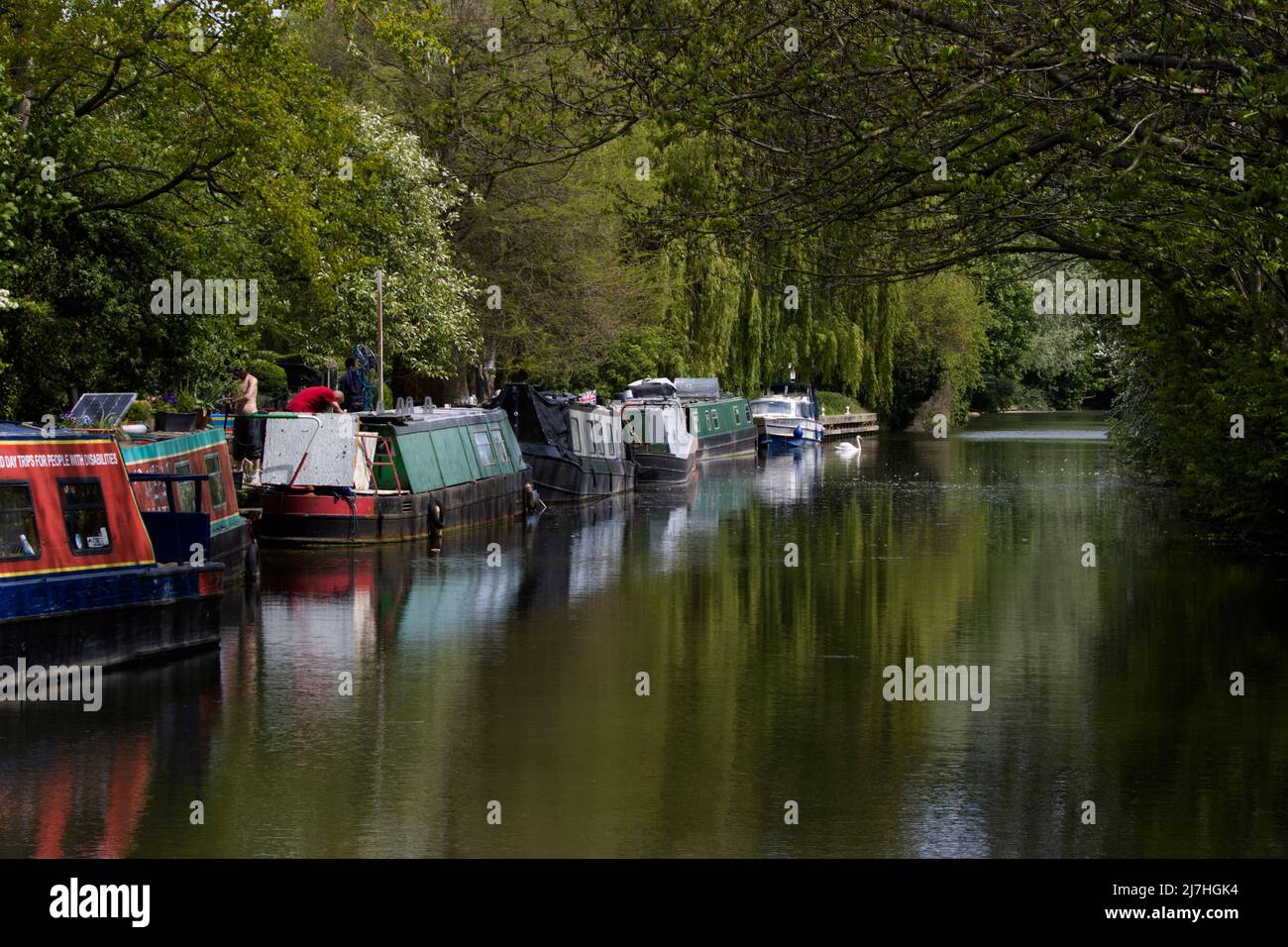 Narrowboats vertäuten in der Nähe des Moorhen Restaurant River Stort Harlow Essex Stockfoto