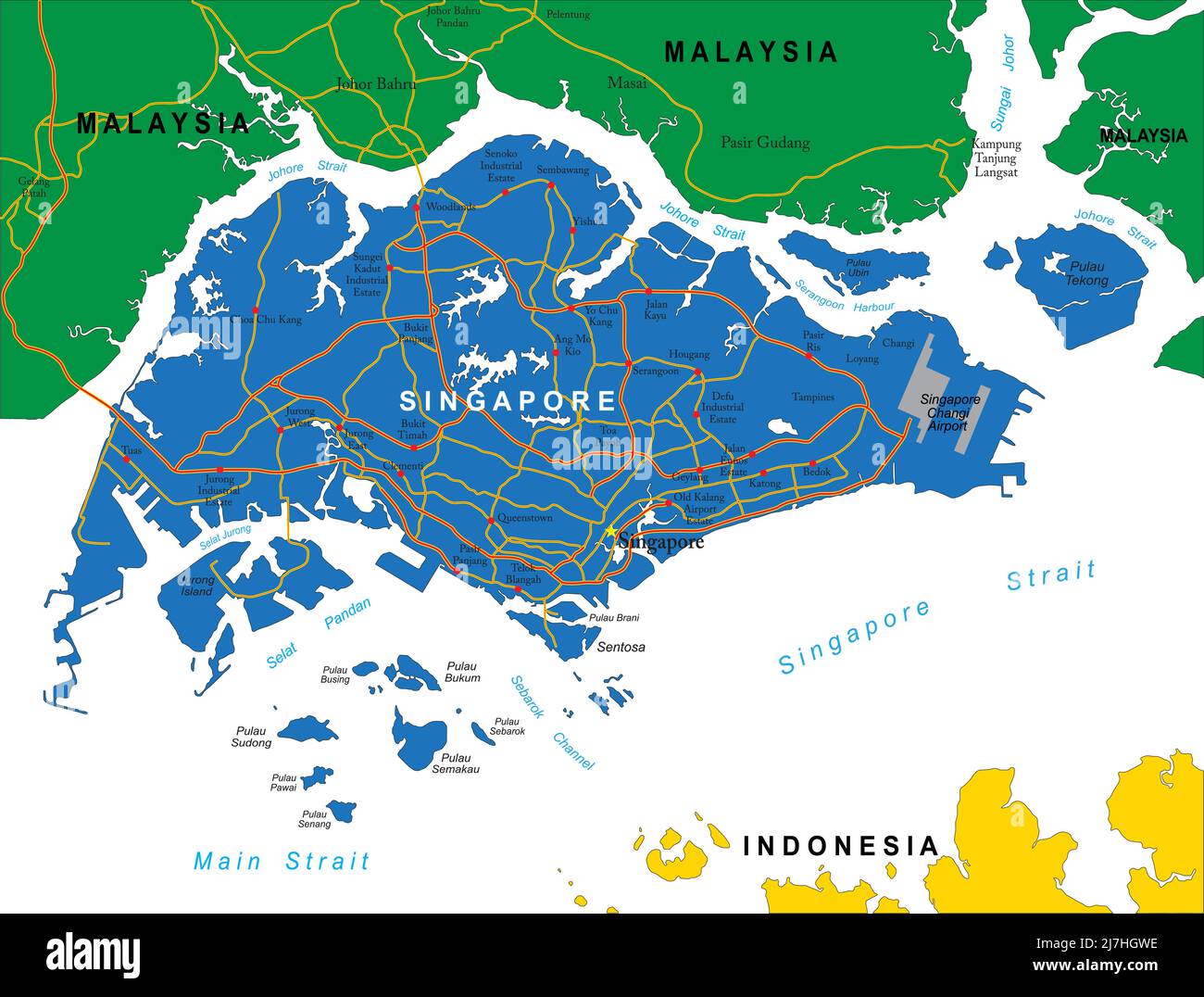 Hochdetaillierte Vektorkarte von Singapur mit Verwaltungsregionen, Hauptstädten und Straßen. Stock Vektor