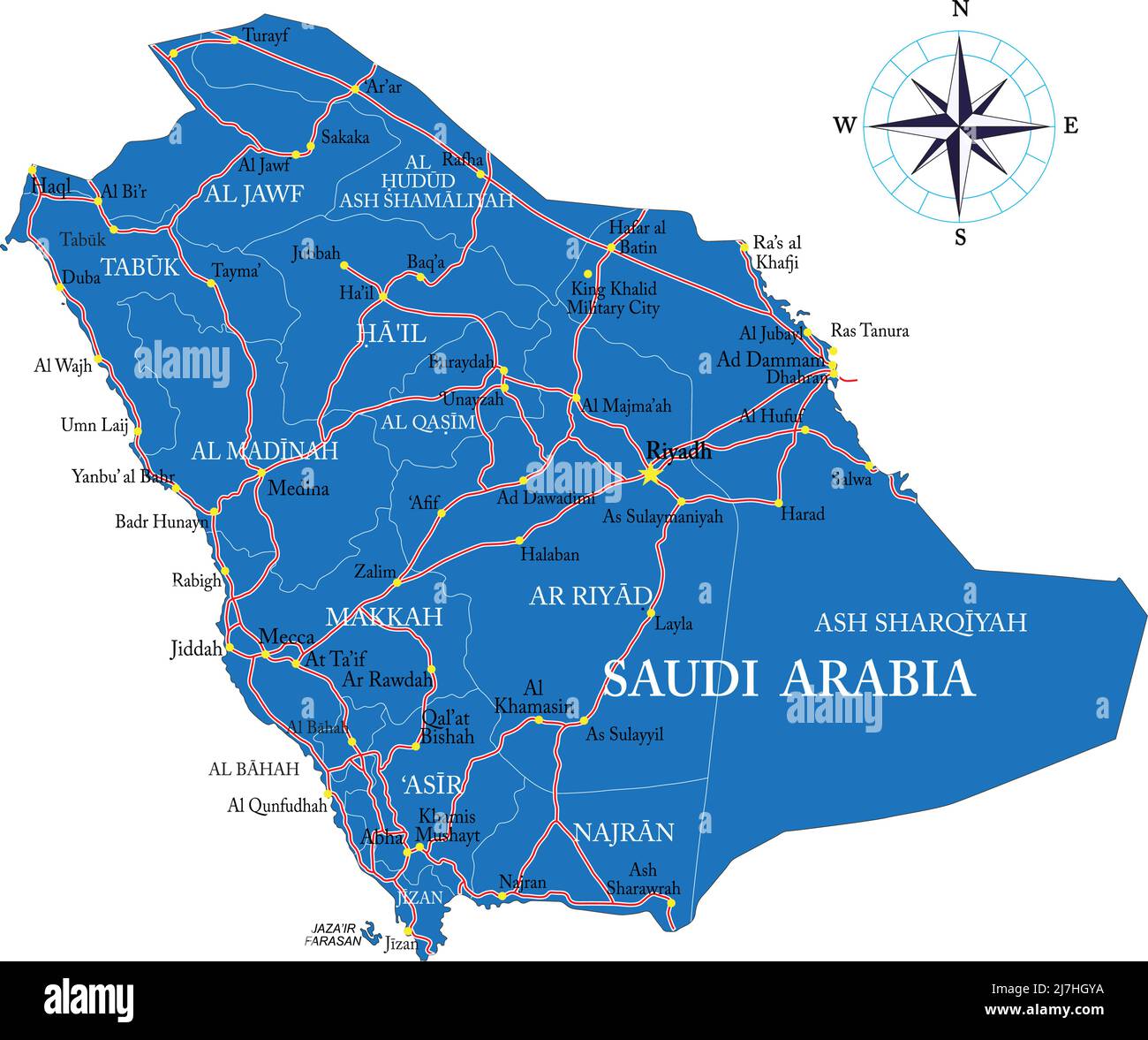 Hochdetaillierte Vektorkarte von Saudi-Arabien mit Verwaltungsregionen, Hauptstädten und Straßen. Stock Vektor