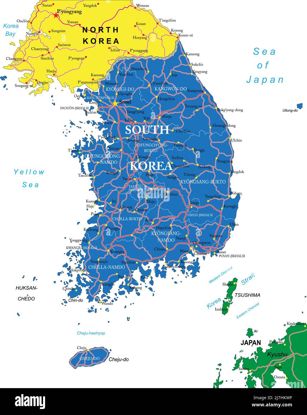 Hochdetaillierte Vektorkarte von Südkorea mit Verwaltungsregionen, Hauptstädten und Straßen. Stock Vektor