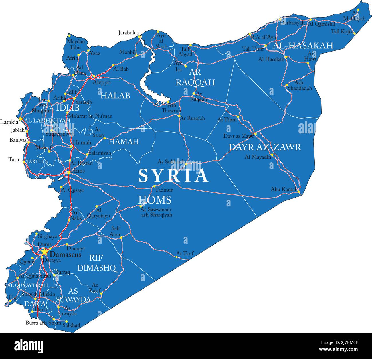 Syrien sehr detaillierte Vektorkarte mit Verwaltungsregionen, Hauptstädten und Straßen. Stock Vektor