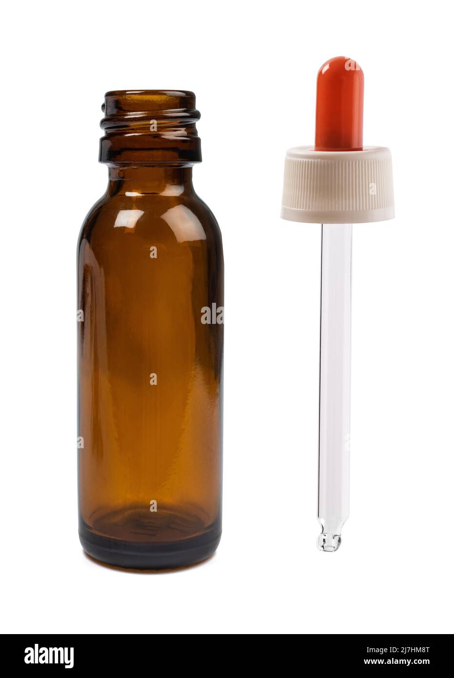 Tropfflasche mit durchsichtigem Glas-Pipette isoliert auf Weiß Stockfoto
